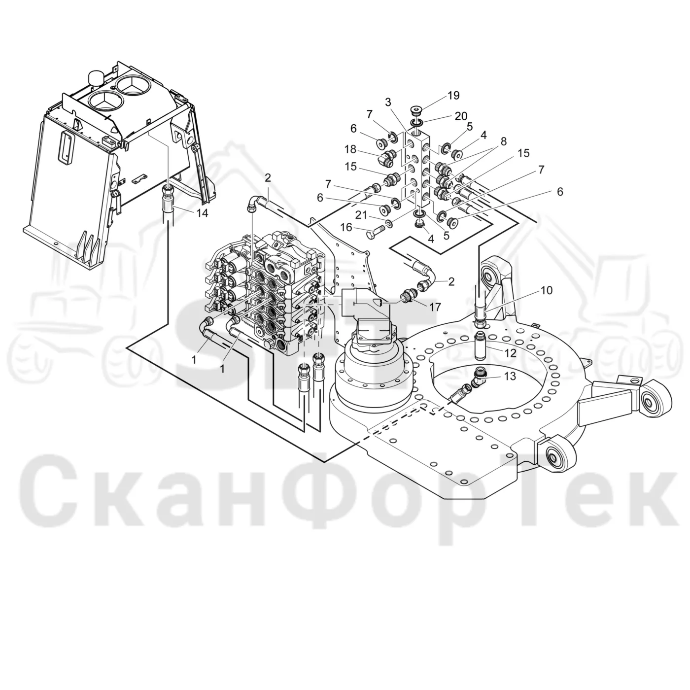 Схема: Valmet / Лесозаготовительные машины / Valmet 901.3 / Valmet 901.3 Ch. 311191- / Valmet 901.3 Ch. 311191- / Каталог запасных частей / Подъемный кран / Кабина, гидравлика устройства поворота
