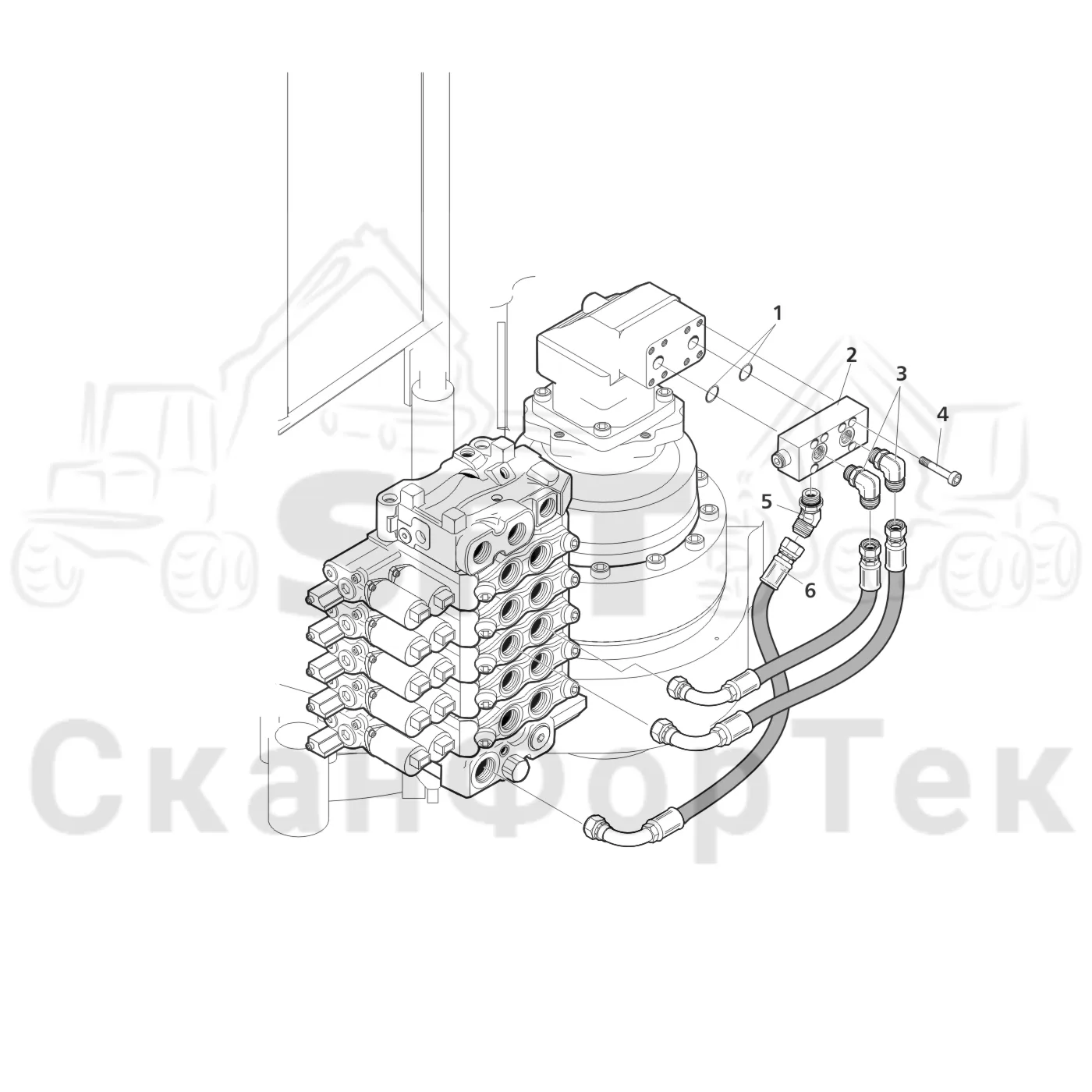 Схема: Valmet / Лесозаготовительные машины / Valmet 901.3 / Valmet 901.3 Ch -311190 / Valmet 901.3 Ch -311190 / Каталог запасных частей / Подъемный кран / Переходный клапан, поворота погрузчика