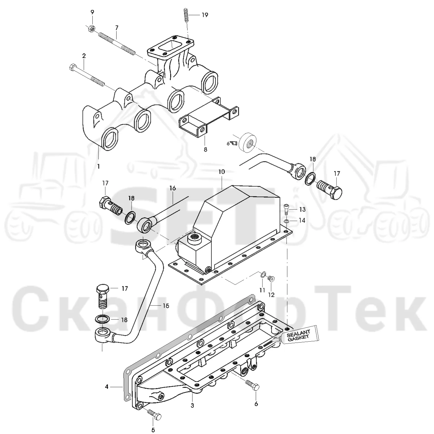 Схема: Valmet / Форвардер / Valmet 840.1 / Valmet 840.1 / Каталог запасных частей / Оборудование захвата / Захват / Valmet 801c Ch -11730 / Каталог запасных частей / Двигатель / Впуск - выпуск / Впускной и выпускной коллектор