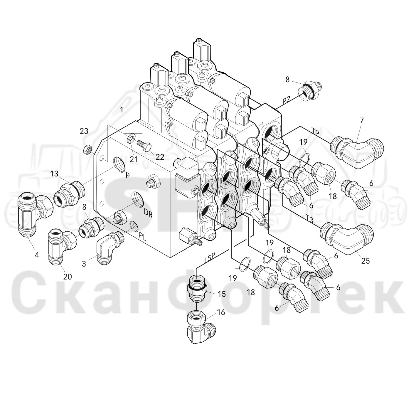 Схема: Valmet / Форвардер / Valmet 840.1 / Valmet 840.1 / Каталог запасных частей / Оборудование захвата / Захват / Valmet 801c Ch -11730 / Каталог запасных частей / Гидравлика / Клапан шасси / Клапан шасси