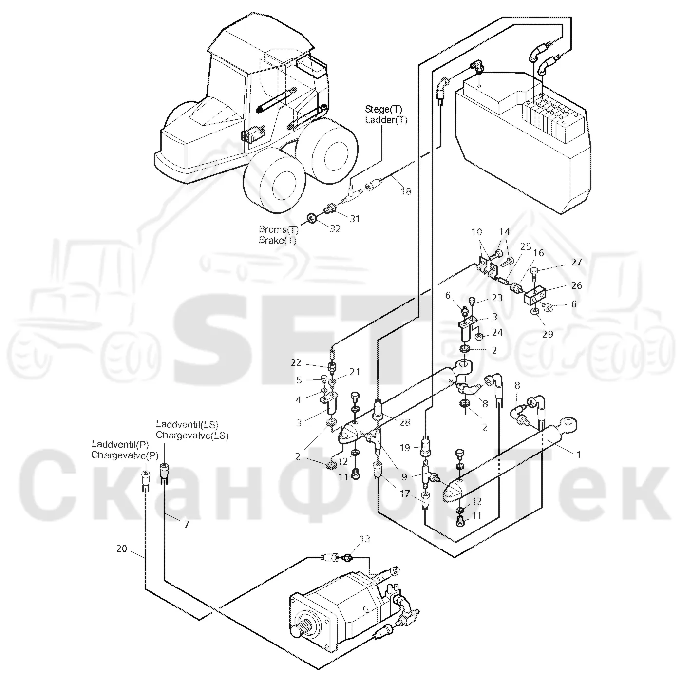 Схема: Valmet / Форвардер / Valmet 840.2 / Valmet 840.2  Ch. 211121- / Valmet 840.2  Ch. 211121- / Каталог запасных частей / Рулевое управление / Рулевое управление без системы orbitrol