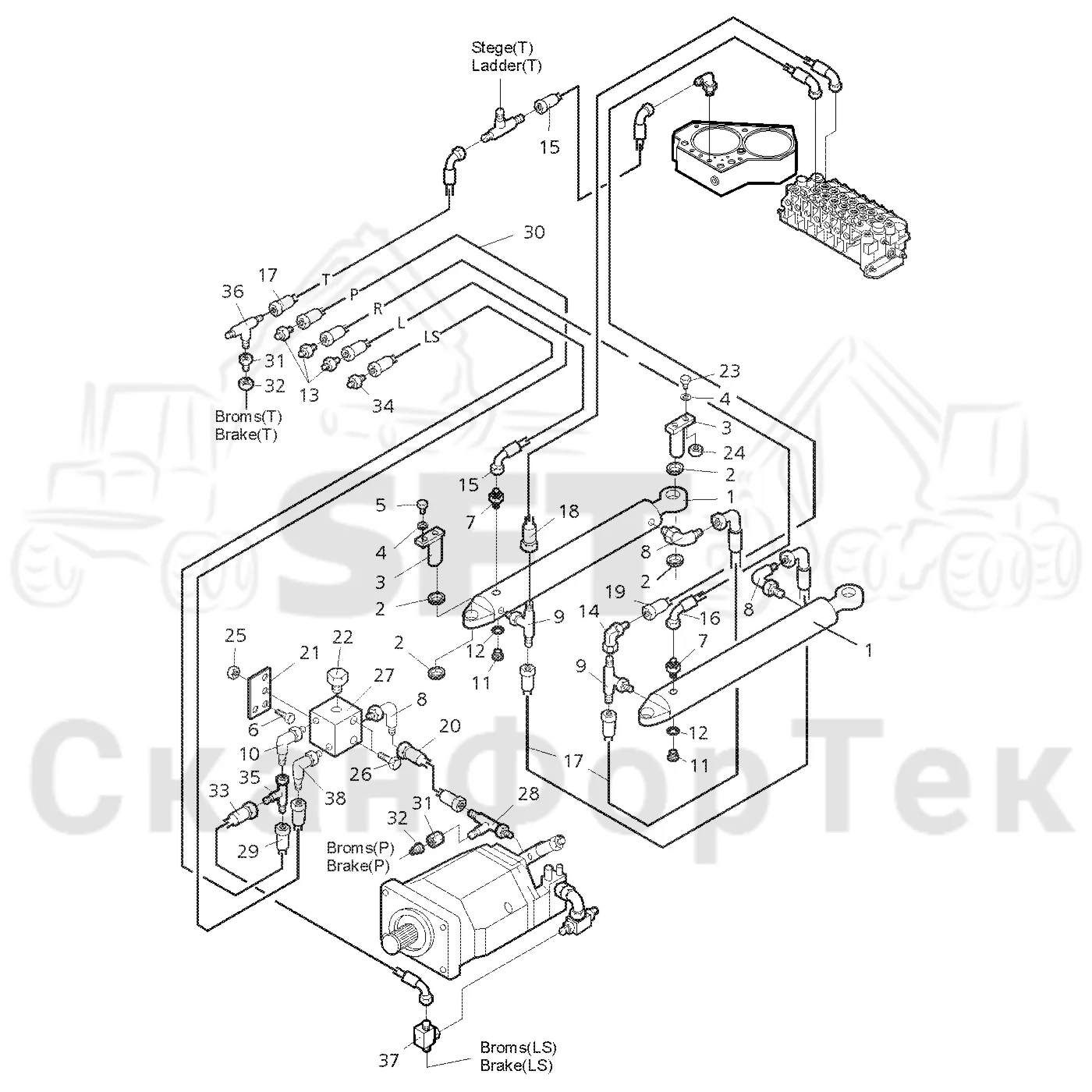 Схема: Valmet / Форвардер / Valmet 840.2 / Valmet 840.2 Ch. 211121- / Valmet 840.2 Ch. 211121- / Каталог запасных частей / Рулевое управление / Рулевое управление с системой Orbitrol
