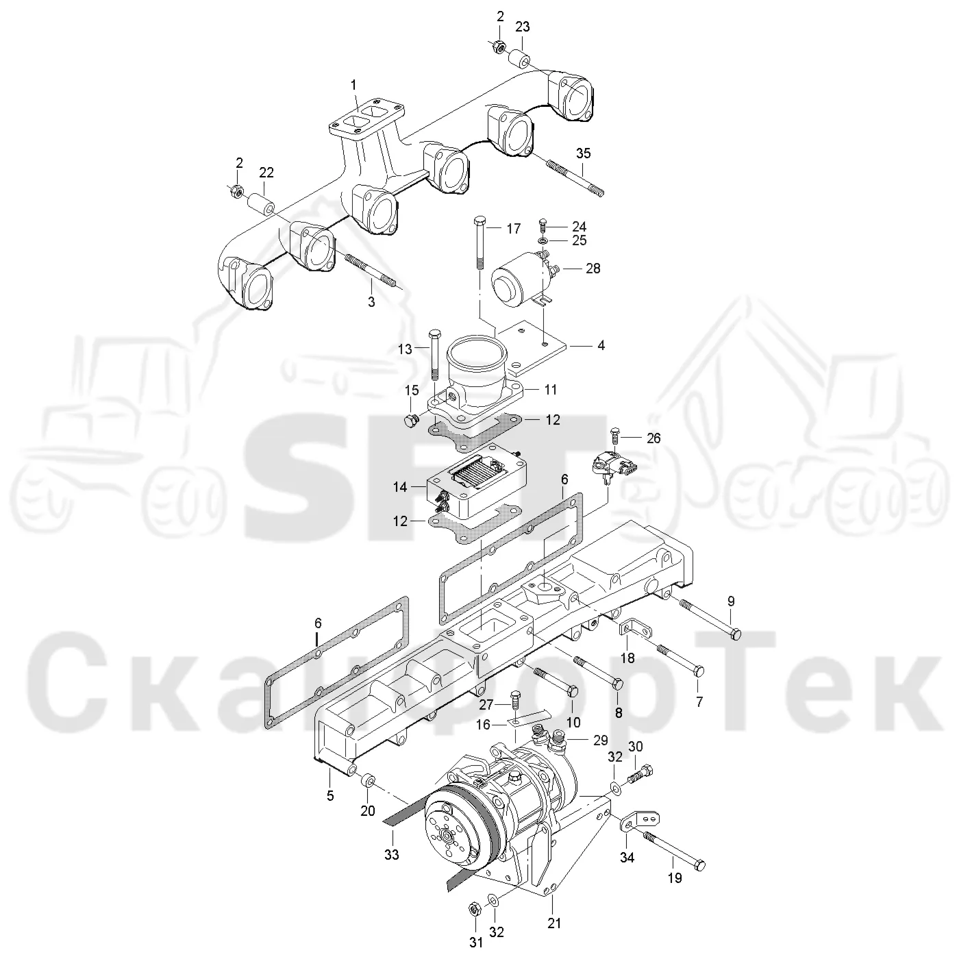 Схема: Valmet / Лесозаготовительные машины / Valmet 901.3 / Valmet 901.3 Ch -311190 / Valmet 901.3 Ch -311190 / Каталог запасных частей / Двигатель / Впуск - выпуск / Впускной и выпускной коллектор