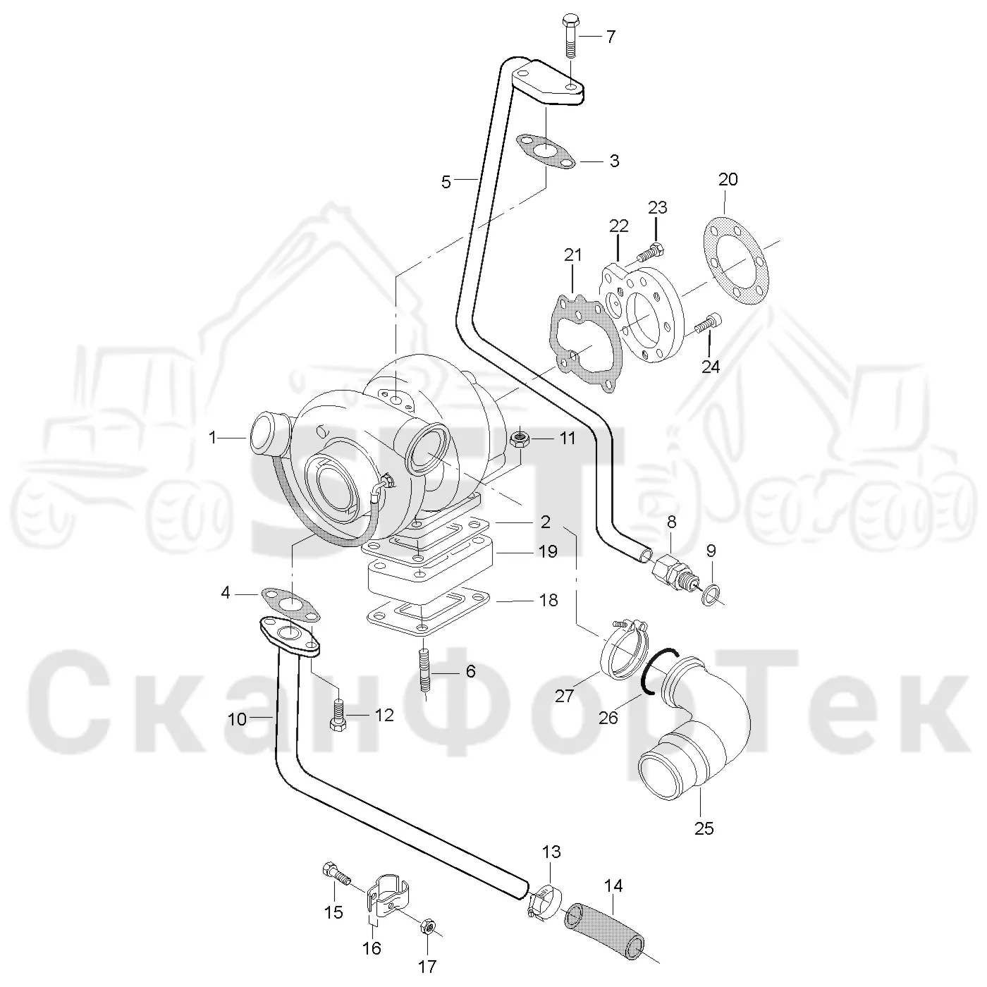 Схема: Valmet / Форвардер / Valmet 860.1 / Valmet 860.1 Ch. 115421- / Valmet 860.1 Ch. 115421- / Каталог запасных частей / Двигатель / Впуск - выпуск / Трубопроводы к турбоагрегату
