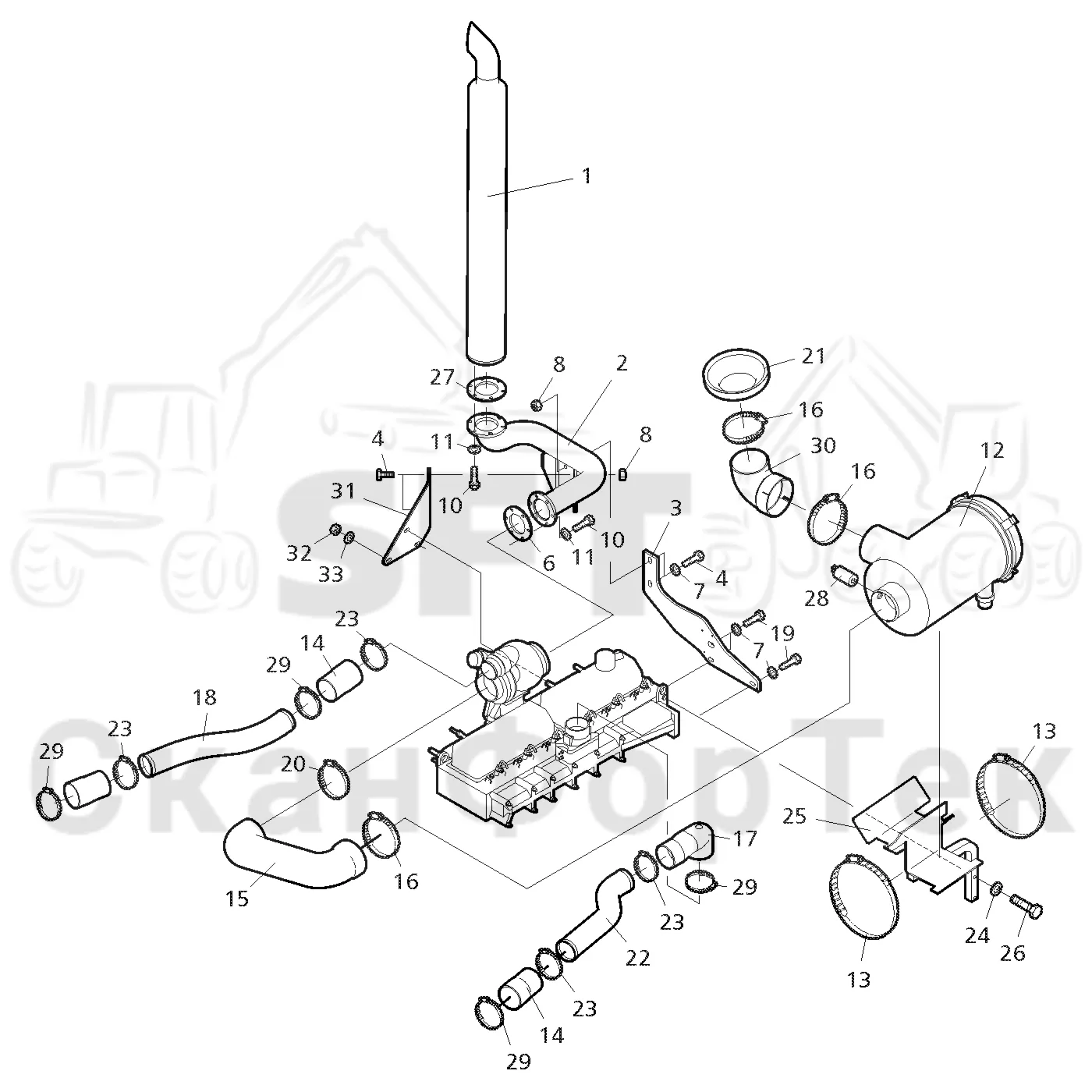 Схема: Valmet / Форвардер / Valmet 860.1 / Valmet 860.1 Ch. 115421- / Valmet 860.1 Ch. 115421- / Каталог запасных частей / Двигатель / Впуск - выпуск / Система впуска и выхлопа