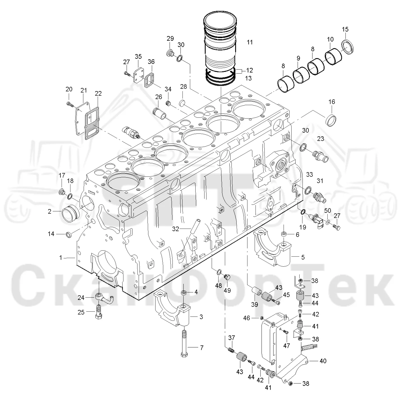 Схема: Valmet / Форвардер / Valmet 840.2 / Valmet 840.2 Ch. 211121- / Valmet 840.2 Ch. 211121- / Каталог запасных частей / Двигатель / Блок двигателя / Блок цилиндров