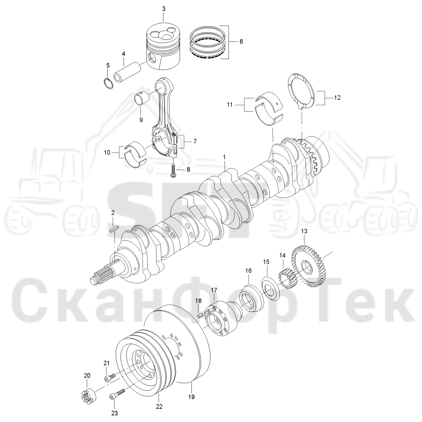 Схема: Valmet / Форвардер / Valmet 840.3 / Valmet 840.3 Ch. -311173 / Valmet 840.3 Ch. -311173 / Каталог запасных частей / Двигатель / Блок двигателя / Коленвал