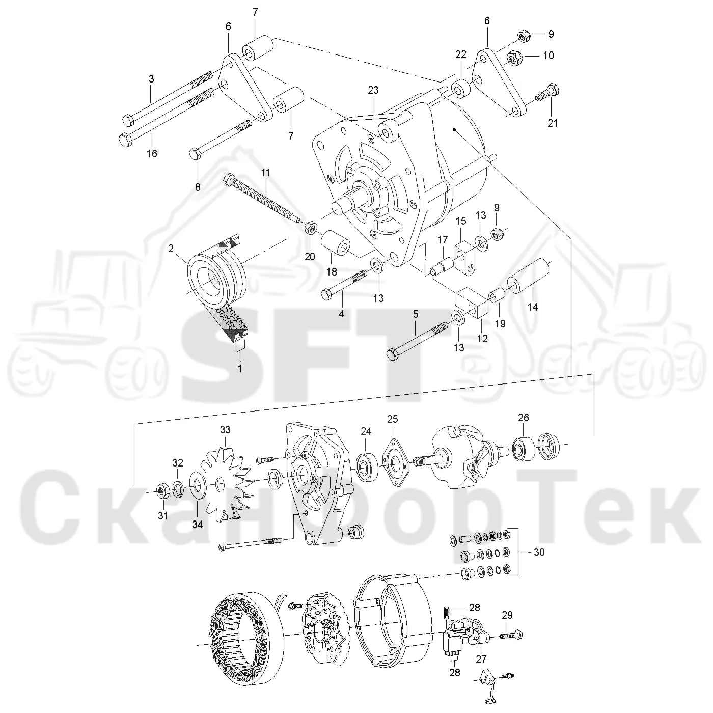 Схема: Valmet / Лесозаготовительные машины / Valmet 801 c / Valmet 801c Ch 11800- / Valmet 801c Ch 11800- / Каталог запасных частей / Двигатель / Генератор переменного тока / Генератор переменного тока нижний