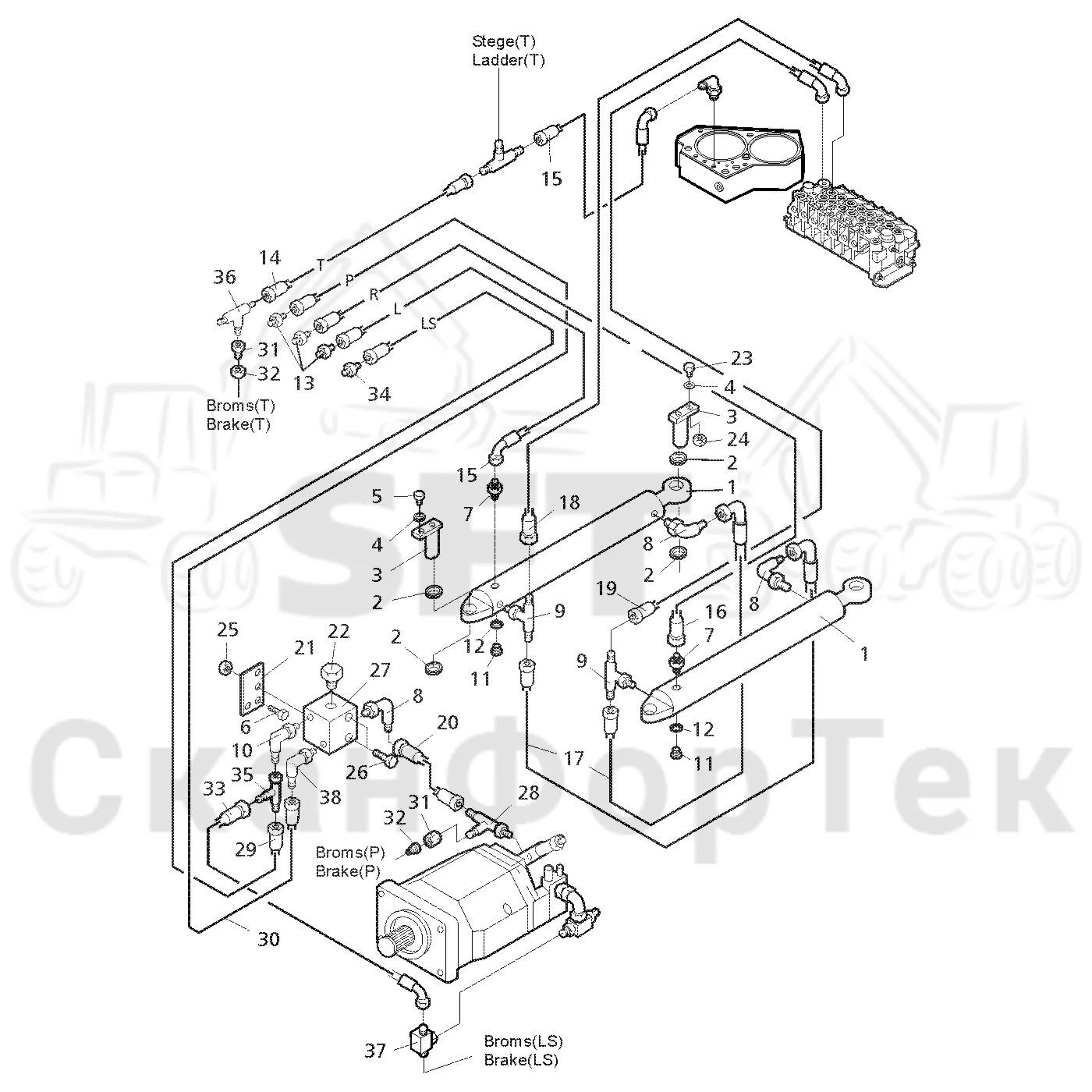 Схема: Valmet / Форвардер / Valmet 860.1 / Valmet 860.1 Ch. 115421- / Valmet 860.1 Ch. 115421- / Каталог запасных частей / Рулевое управление / Рулевое управление с системой Orbitrol