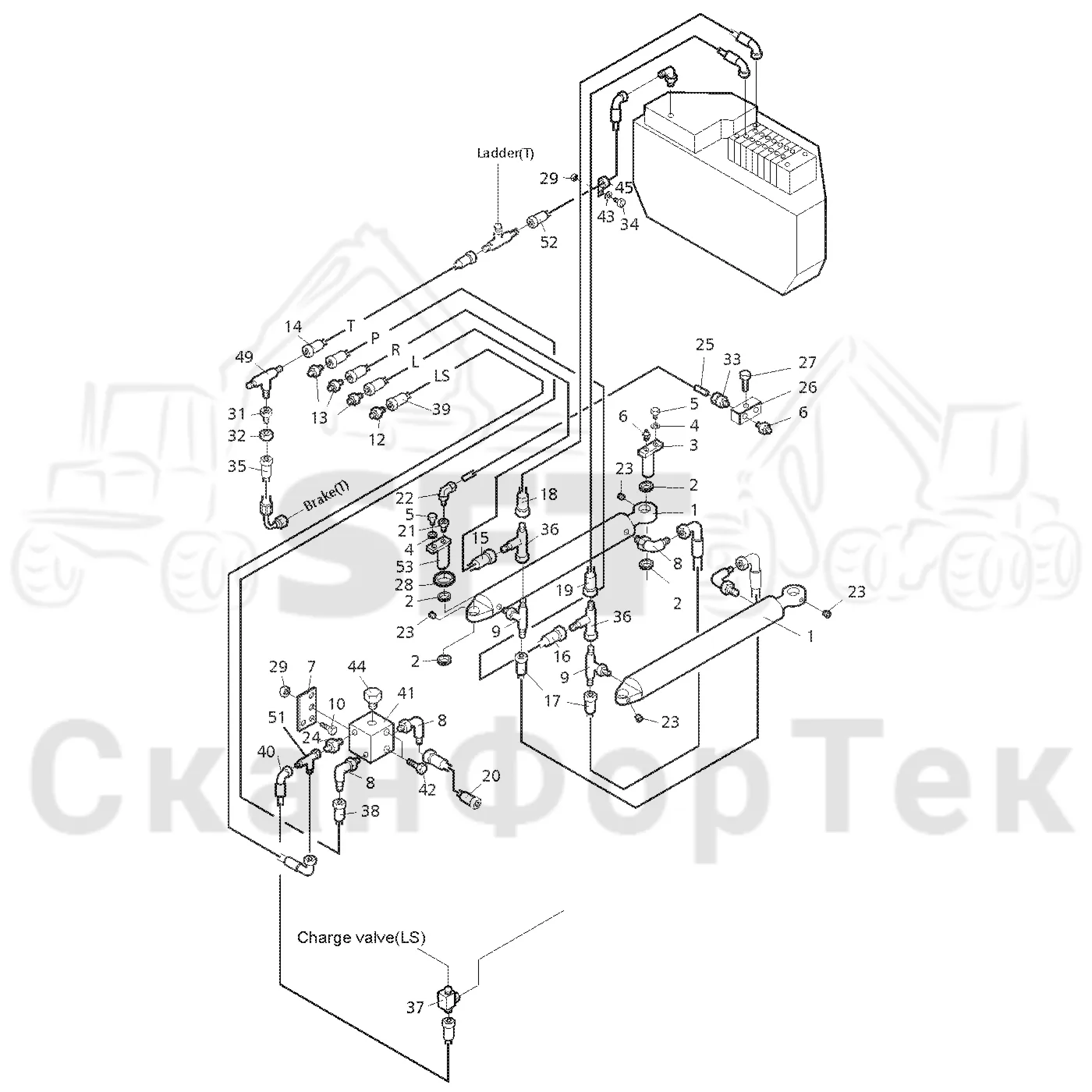 Схема: Valmet / Форвардер / Valmet 890.1 / Valmet 890.1 Ch. -117350, -119440 / Valmet 890.1 Ch. -117350, -11 / Каталог запасных частей / Рулевое управление / Рулевое управление с системой Orbitrol