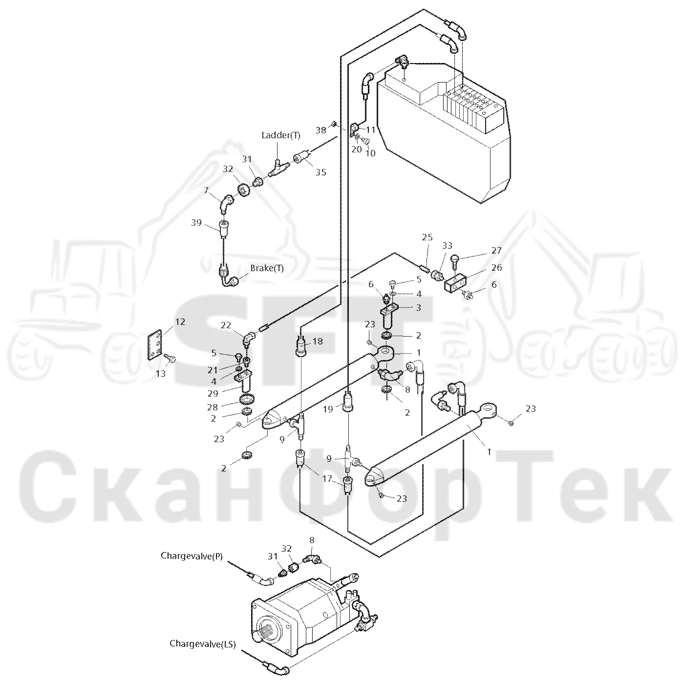 Схема: Valmet / Форвардер / Valmet 890.1 / Valmet 890.1 Ch. 117351-, 119441- / Valmet 890.1 Ch. 117351-, 119 / Каталог запасных частей / Рулевое управление / Рулевое управление без системы orbitrol