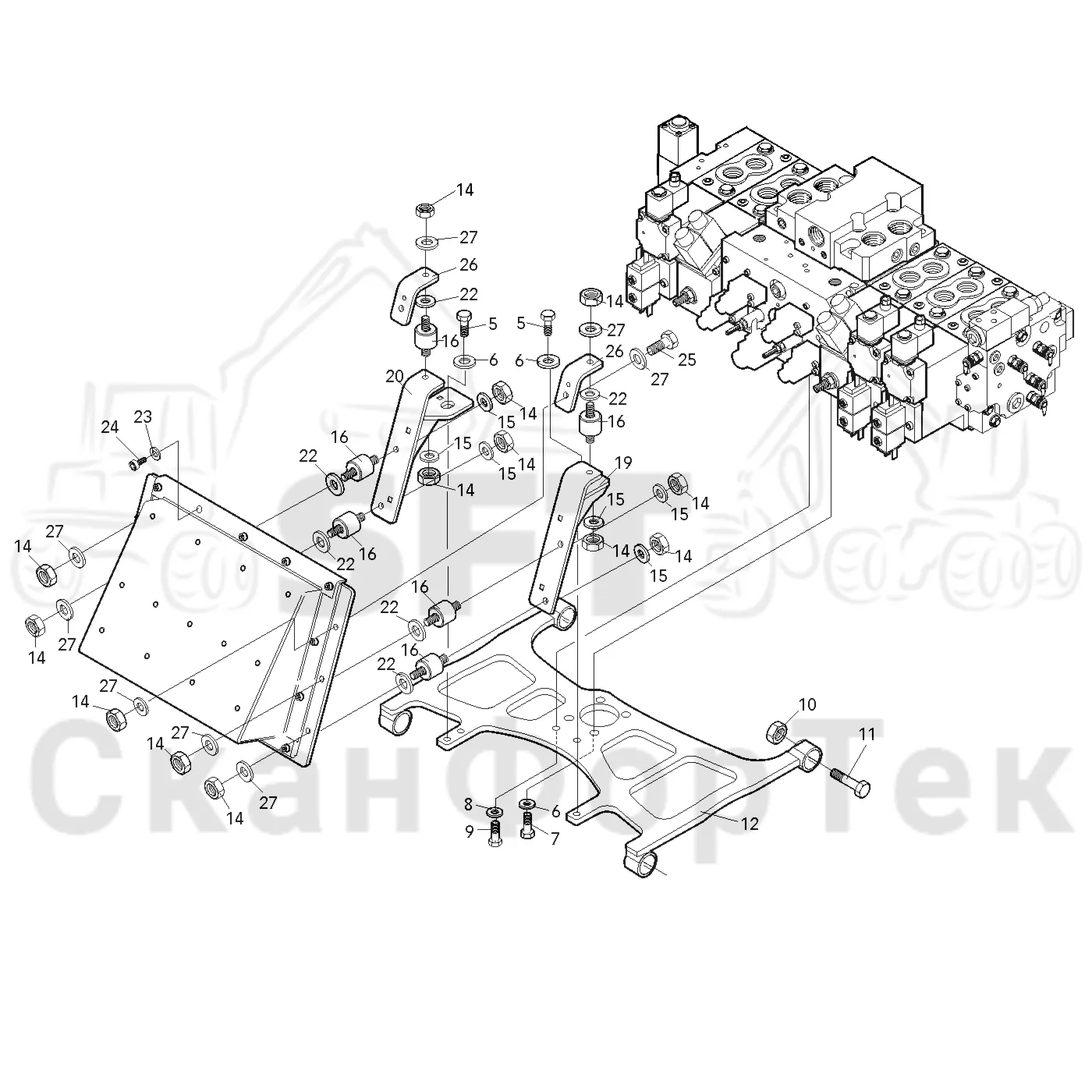 Схема: Valmet / Лесозаготовительные машины / Valmet 921.1 / Valmet 921.1 Ch. 113531- / Valmet 921.1 Ch. 113531- / Каталог запасных частей / Лесозаготовительное оборудование / Головка лесозаготовительной машины / Valmet 370 / Valmet 370 / Valmet 370 Ch. 11550- / Valmet 370 11550- / Каталог запасных частей / шасси / Панель клапана
