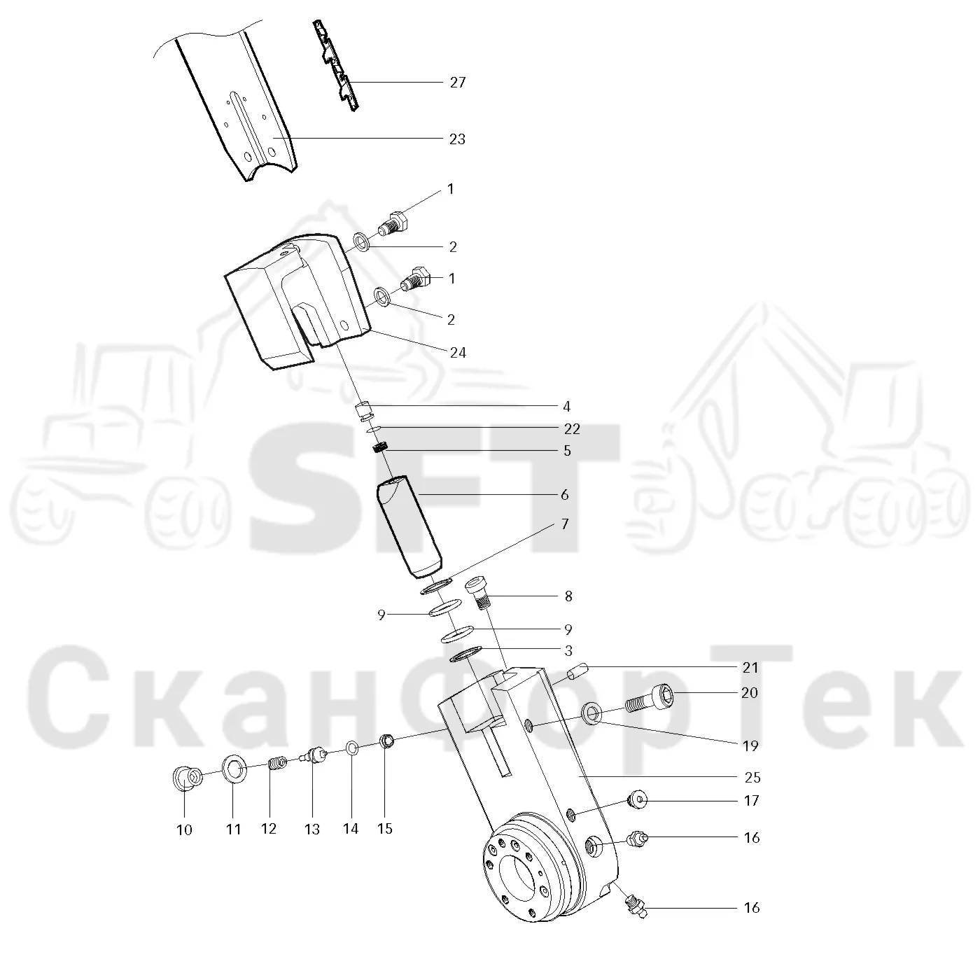Схема: Valmet / Головки лесозаготовительной машины / Valmet 370.1 / Valmet 370.1 Ch. -11730 / Valmet 370.1 Ch. -11730 / Каталог запасных частей / Резка / Установка лезвия устройства резки