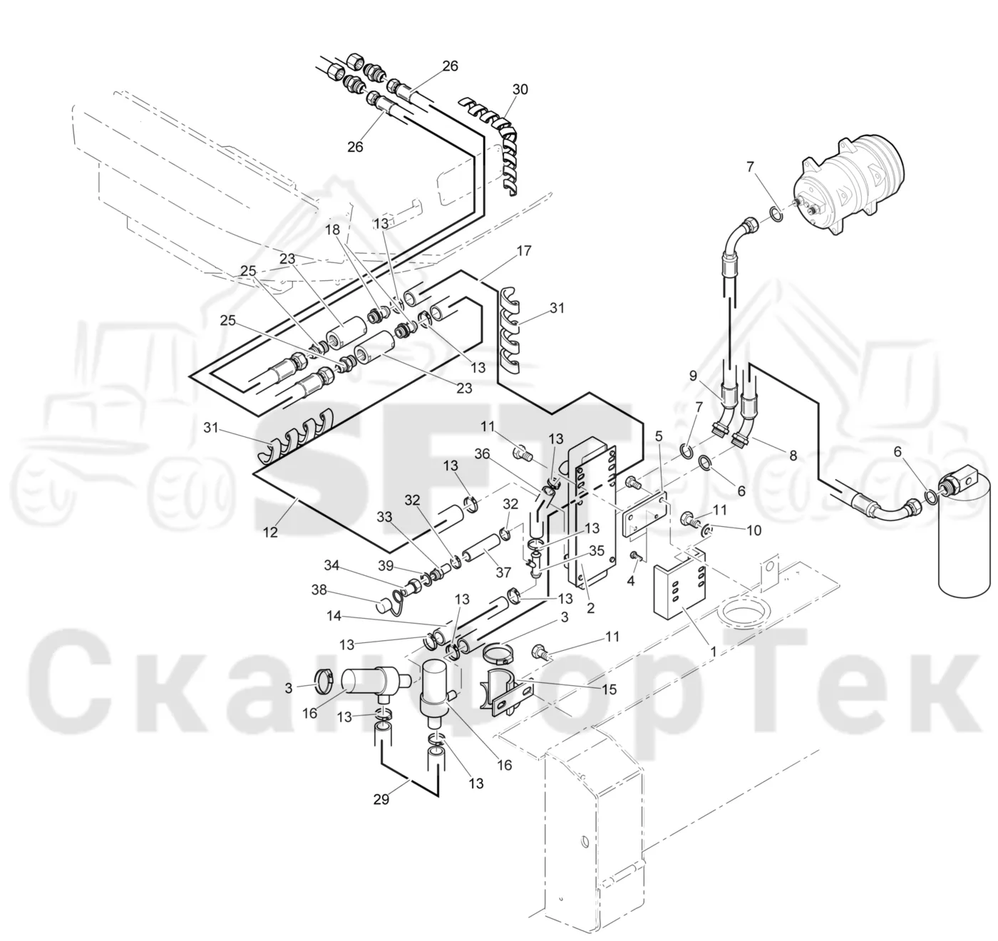 Схема: Komatsu / Лесозаготовительные машины / 901TX .1 / Каталог запасных частей / Кабина / Система обогрева и охлаждения / Охлаждение кабины