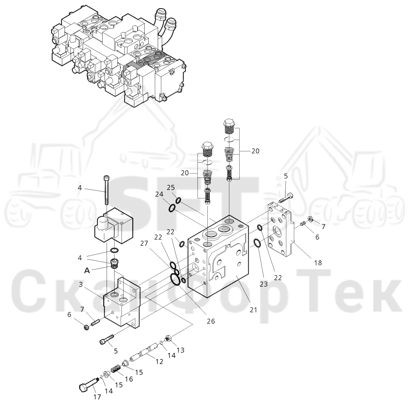 Схема: Valmet / Головки лесозаготовительной машины / Valmet 360 / Valmet 360 Ch 11541- / Valmet 360 Ch 11541- / Каталог запасных частей / Гидравлический клапан / Клапан. Поворотное устройство