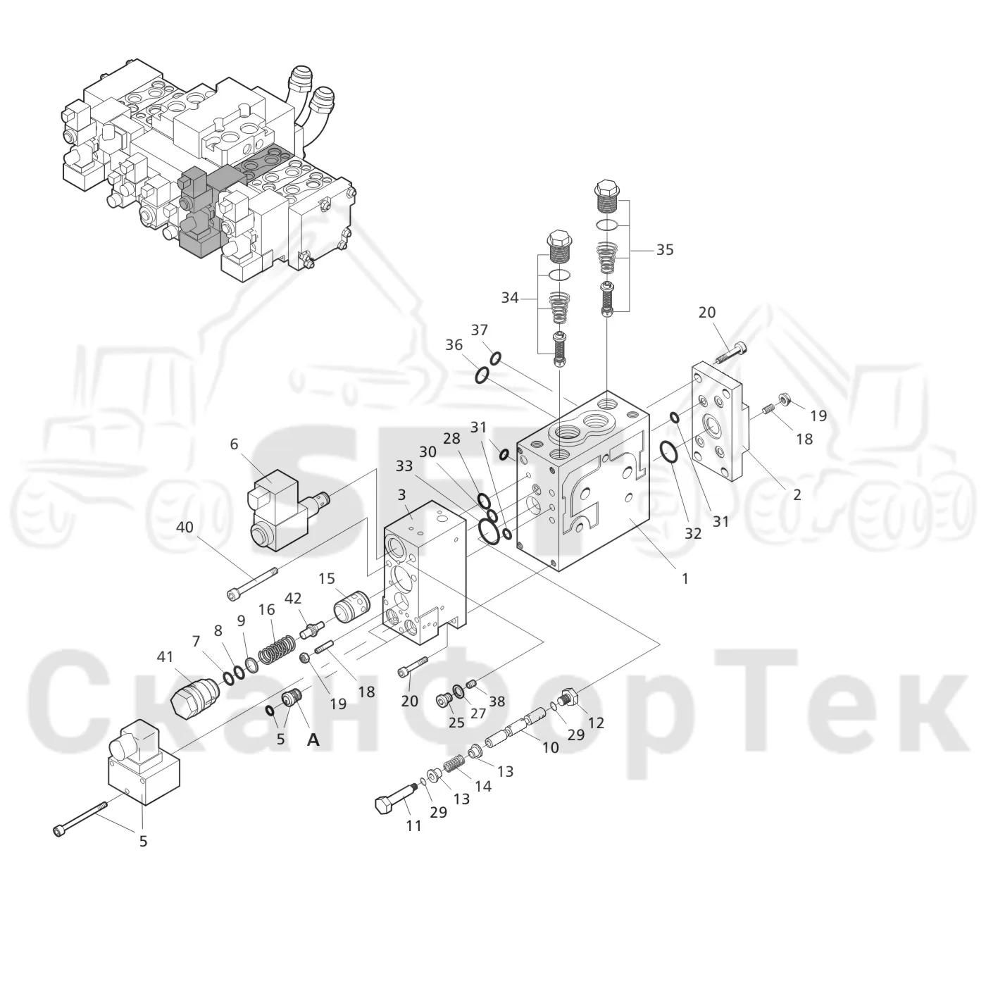 Схема: Valmet / Головки лесозаготовительной машины / Valmet 370.1 / Valmet 370.1 Ch. 11731- / Valmet 370.1 Ch. 11731- / Каталог запасных частей / Гидравлический клапан / Клапан. Задние сучкорезные ножи