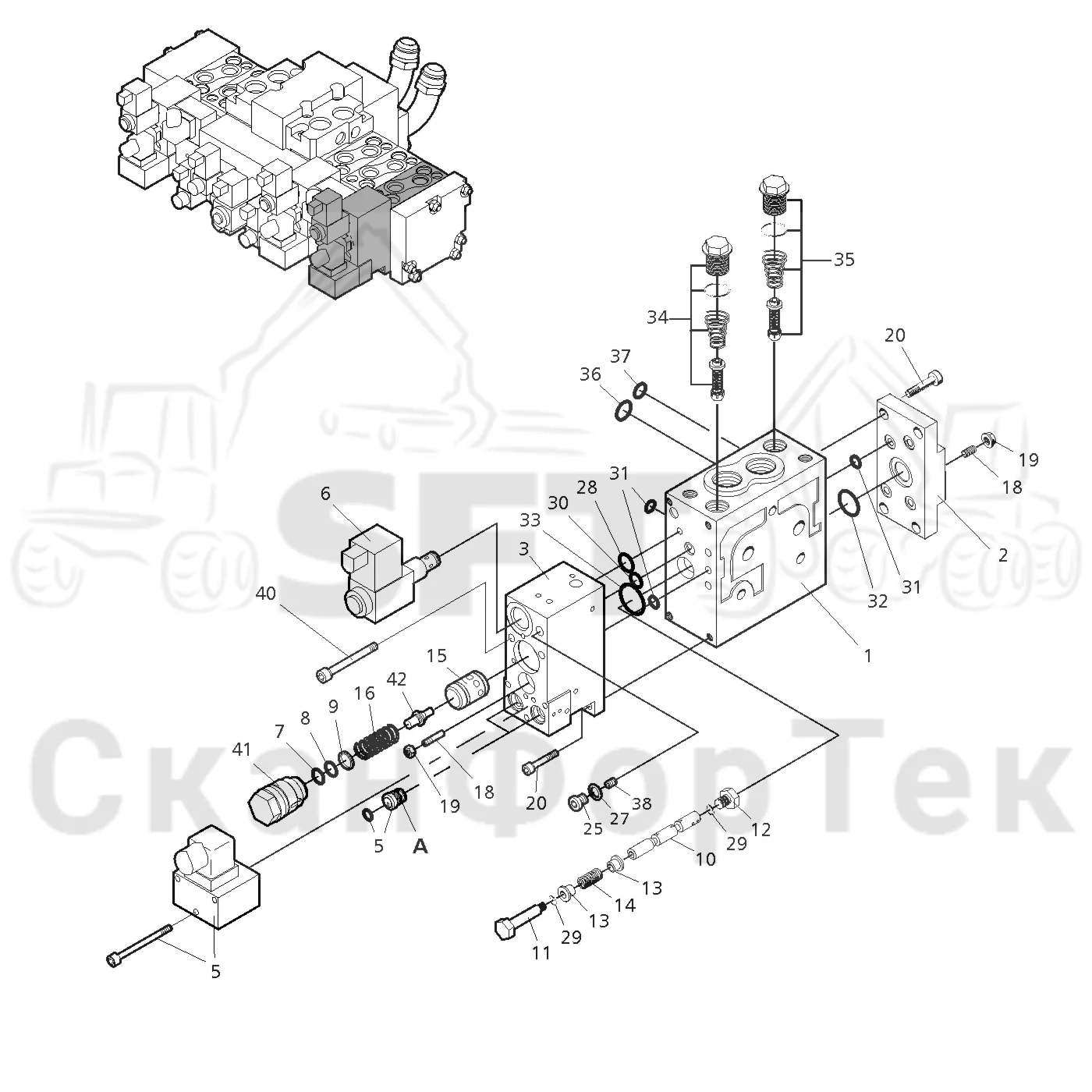 Схема: Valmet / Головки лесозаготовительной машины / Valmet 370.1 / Valmet 370.1 Ch. 11731- / Valmet 370.1 Ch. 11731- / Каталог запасных частей / Гидравлический клапан / Клапан. Передние сучкорезные ножи