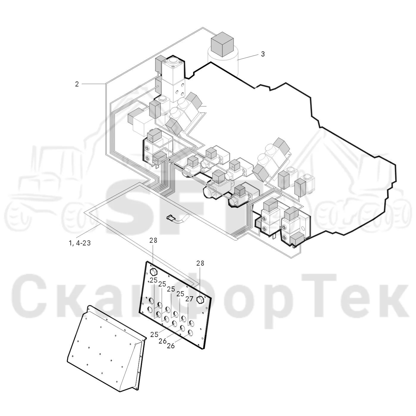 Схема: Valmet / Лесозаготовительные машины / Valmet 921.1 / Valmet 921.1 Ch. 113531- / Valmet 921.1 Ch. 113531- / Каталог запасных частей / Лесозаготовительное оборудование / Головка лесозаготовительной машины / Valmet 360 / Valmet 360 / Valmet 360 Ch 11541- / Каталог запасных частей / Гидравлический клапан / Монтажная проводка клапана