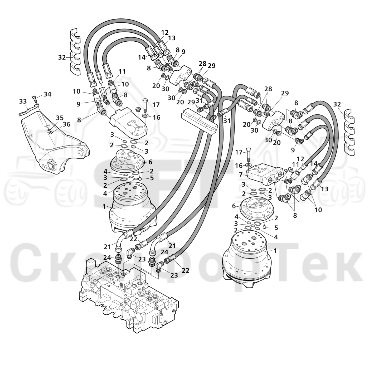 Схема: Valmet / Лесозаготовительные машины / Valmet 911.1 / Valmet 911.1 Ch 113011- / Valmet 911.1 Ch 113011- / Каталог запасных частей / Лесозаготовительное оборудование / Головка лесозаготовительной машины / Valmet 360.1 / Valmet 360.1 / Valmet 360.1 Ch. -111830 / Каталог запасных частей / Подача / Гидравлическое оборудование односкоростной подачи