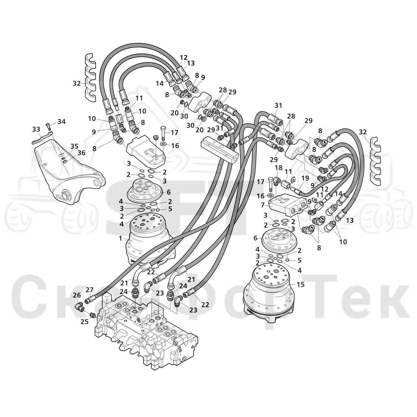 Схема: Valmet / Головки лесозаготовительной машины / Valmet 360.1 / Valmet 360.1 Ch. 111831- / Valmet 360.1 Ch. 111831- / Каталог запасных частей / Подача / Гидравлическое оборудование двухскоростной подачи