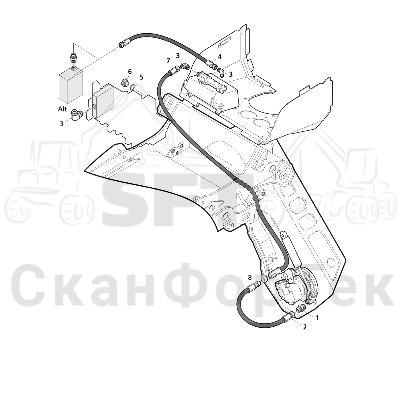 Схема: Valmet / Лесозаготовительные машины / Valmet 921.1 / Valmet 921.1 Ch. 113531- / Valmet 921.1 Ch. 113531- / Каталог запасных частей / Лесозаготовительное оборудование / Головка лесозаготовительной машины / Valmet 360.1 / Valmet 360.1 / Valmet 360.1 Ch. -111830 / Каталог запасных частей / Резка / Масленка Eco системы смазки цепи