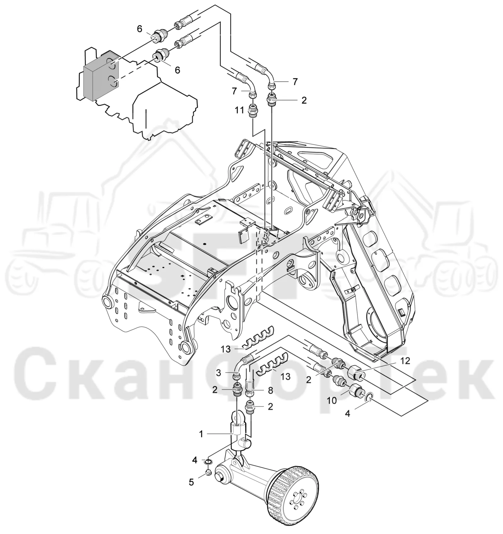 Схема: Valmet / Головки лесозаготовительной машины / Valmet 360.1 / Valmet 360.1 Ch. -111830 / Valmet 360.1 Ch. -111830 / Каталог запасных частей / Измерение / Активное гидравлическое оборудование подъемника измерительного колеса