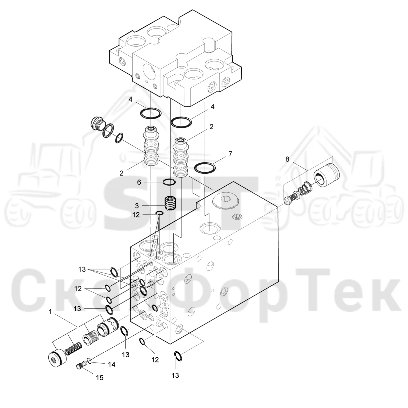 Схема: Valmet / Головки лесозаготовительной машины / Valmet 360.1 / Valmet 360.1 Ch. 111831- / Valmet 360.1 Ch. 111831- / Каталог запасных частей / Гидравлический клапан / Клапан резки