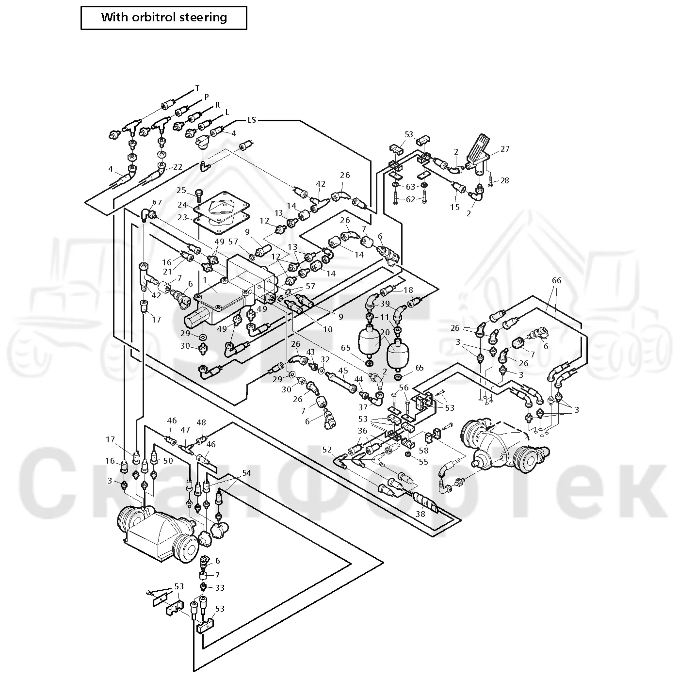Схема: Valmet / Форвардер / Valmet 890.1 / Valmet 890.1 Ch. -117350, -119440 / Valmet 890.1 Ch. -117350, -11 / Каталог запасных частей / Тормоза / Тормоза на 8 колес / Полноприводная тормозная система на 8 колес с орбитным роликом