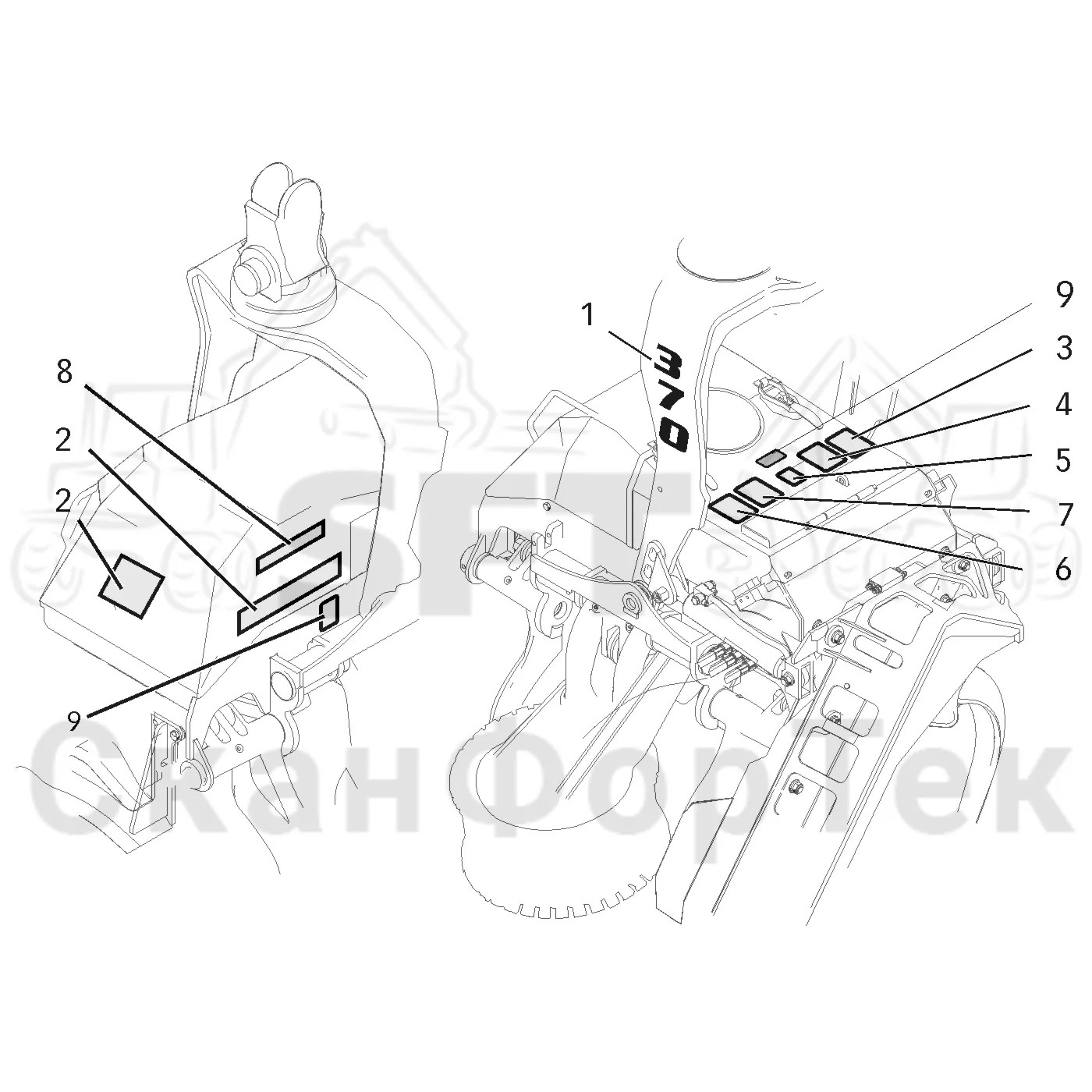 Схема: Valmet / Лесозаготовительные машины / Valmet 921.1 / Valmet 921.1 Ch. -113530 / Valmet 921.1 Ch. -113530 / Каталог запасных частей / Лесозаготовительное оборудование / Головка лесозаготовительной машины / Valmet 370 / Valmet 370 / Valmet 370 Ch. 11550- / Valmet 370 11550- / Каталог запасных частей / шасси / Бирки