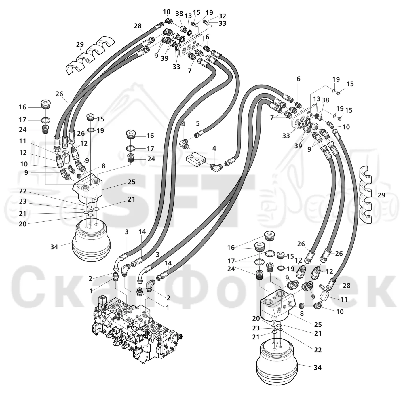 Схема: Valmet / Головки лесозаготовительной машины / Valmet 370.1 / Valmet 370.1 Ch. -11730 / Valmet 370.1 Ch. -11730 / Каталог запасных частей / Подача / Гидравлическое оборудование односкоростной подачи