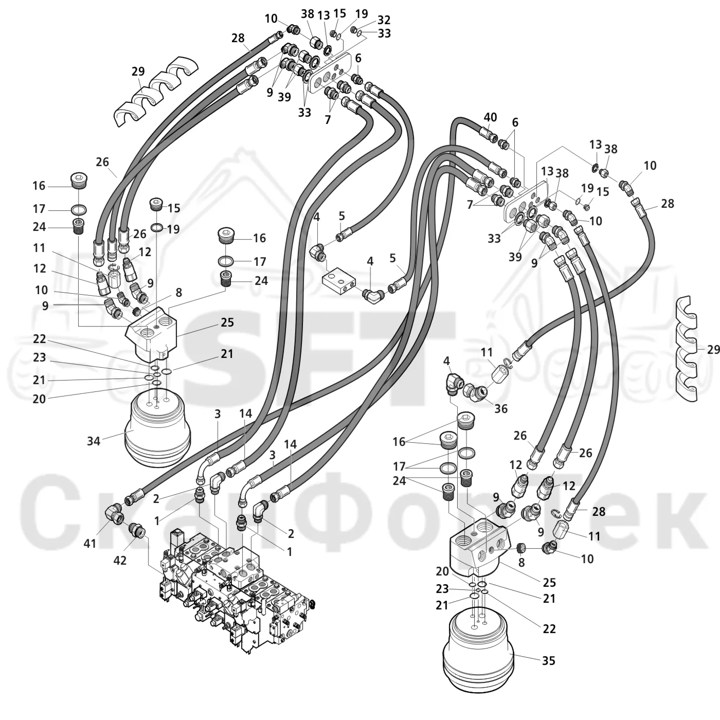 Схема: Valmet / Головки лесозаготовительной машины / Valmet 370.1 / Valmet 370.1 Ch. -11730 / Valmet 370.1 Ch. -11730 / Каталог запасных частей / Подача / Гидравлическое оборудование двухскоростной подачи