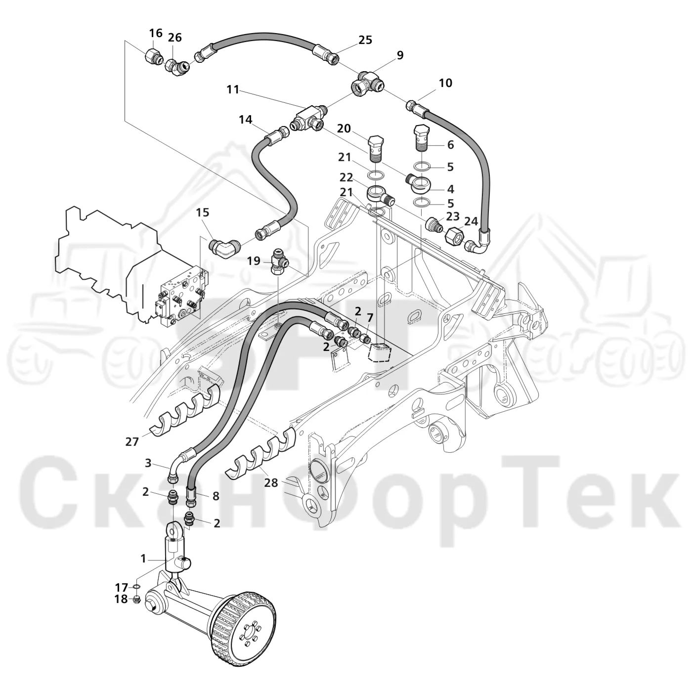 Схема: Valmet / Головки лесозаготовительной машины / Valmet 370 E / Valmet 370 E Ch.11171- / Valmet 370 E Ch. 11171- / Каталог запасных частей / Измерение / Гидравлика подъемного механизма мерного ролика