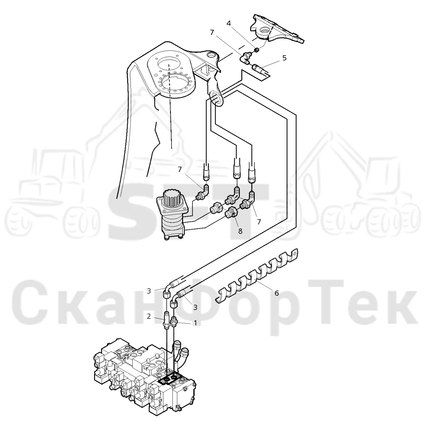 Схема: Valmet / Головки лесозаготовительной машины / Valmet 370 E / Valmet 370 E Ch. -11170 / Valmet 370 E Ch. -11170 / Каталог запасных частей / Поворотные устройства и звенья / Гидравлическое оборудование поворотного устройства / Гидравлическое оборудование поворотного устройства