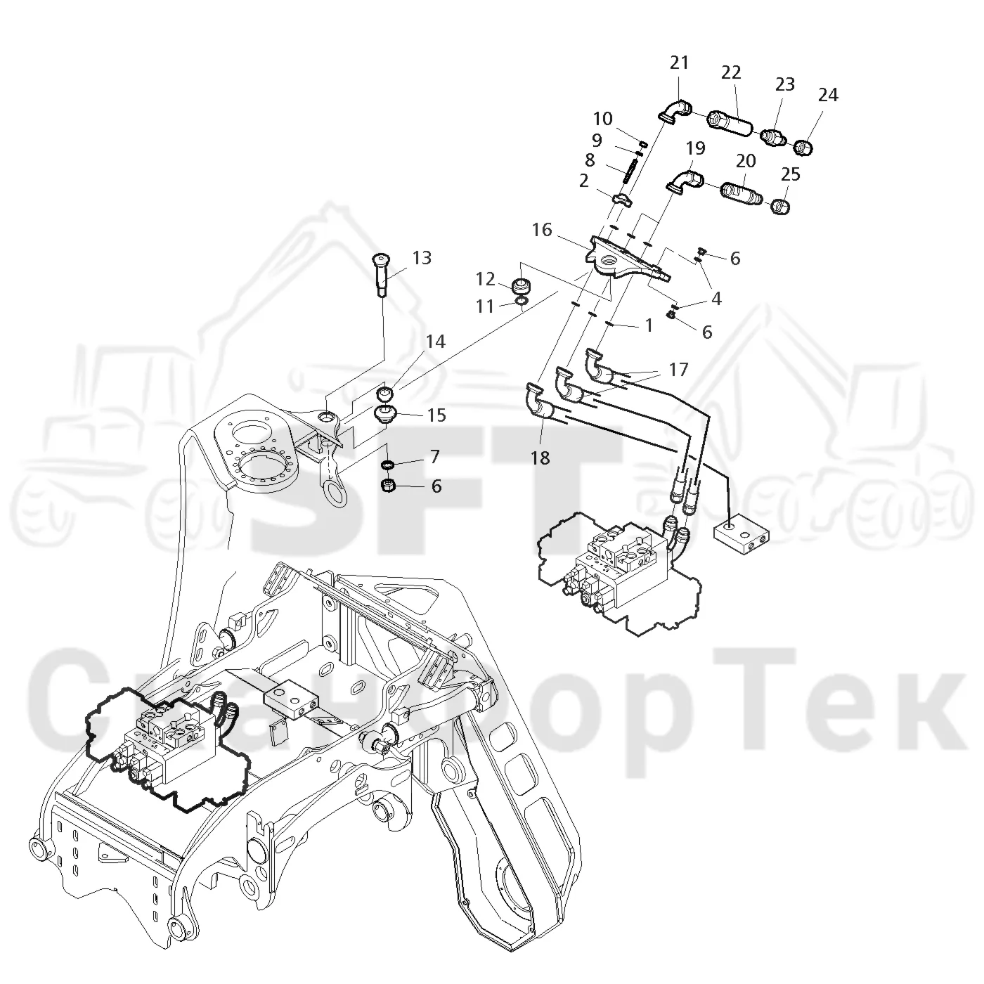 Схема: Valmet / Головки лесозаготовительной машины / Valmet 370.1 / Valmet 370.1 Ch. -11730 / Valmet 370.1 Ch. -11730 / Каталог запасных частей / Поворотные устройства и звенья / Гидравлическое оборудование головки