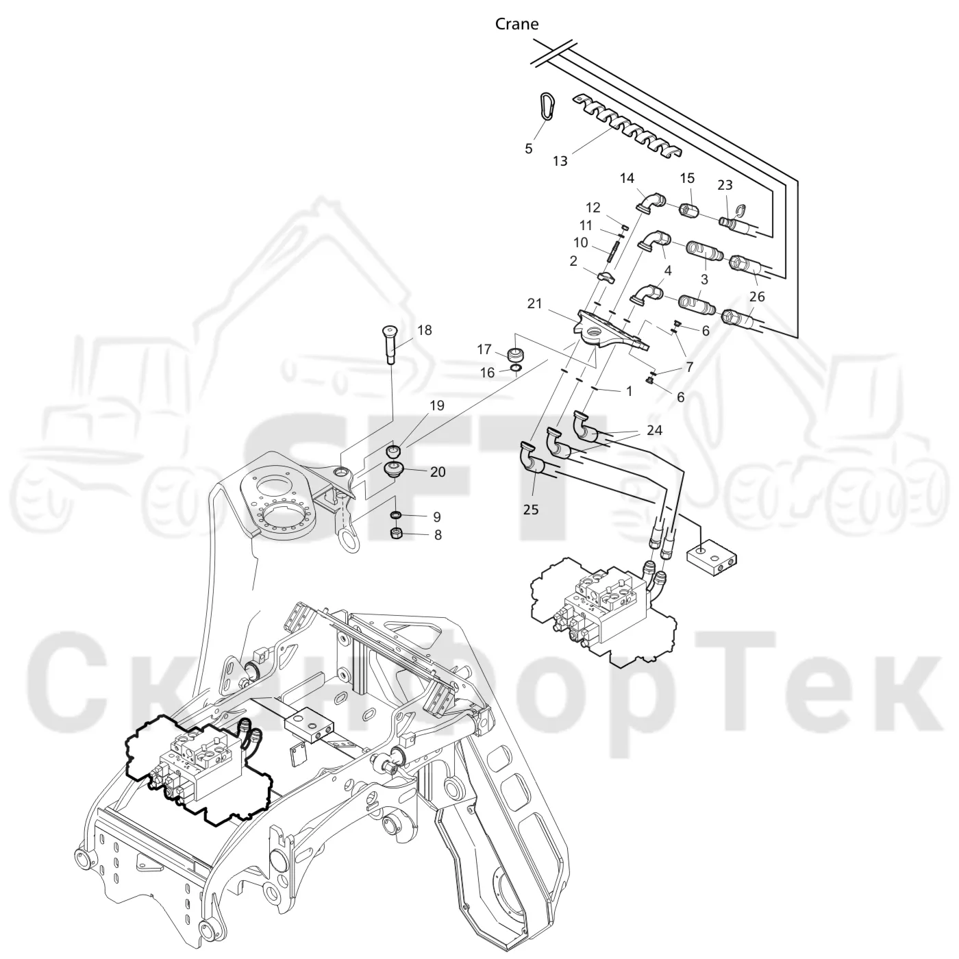 Схема: Valmet / Лесозаготовительные машины / Valmet 921.1 / Valmet 921.1   Ch. 113531- / Valmet 921.1   Ch. 113531- / Каталог запасных частей / Лесозаготовительное оборудование / Головка лесозаготовительной машины / Valmet 370.1 / Valmet 370.1 / Valmet 370.1 Ch. 111801- / Каталог запасных частей / Поворотные устройства и звенья / Гидравлическое оборудование головки подъемного крана CRH