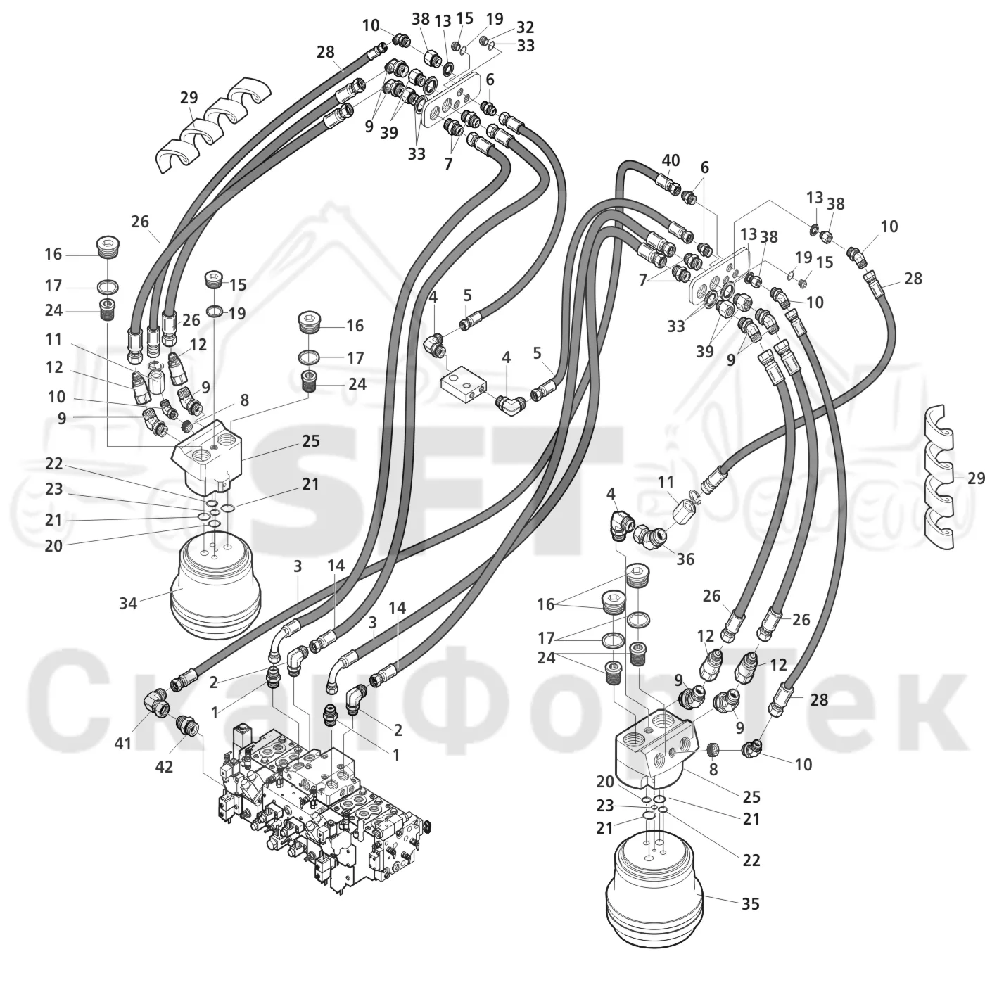 Схема: Valmet / Головки лесозаготовительной машины / Valmet 370 E / Valmet 370 E Ch. -11170 / Valmet 370 E Ch. -11170 / Каталог запасных частей / Подача / Гидравлическое оборудование двухскоростной подачи