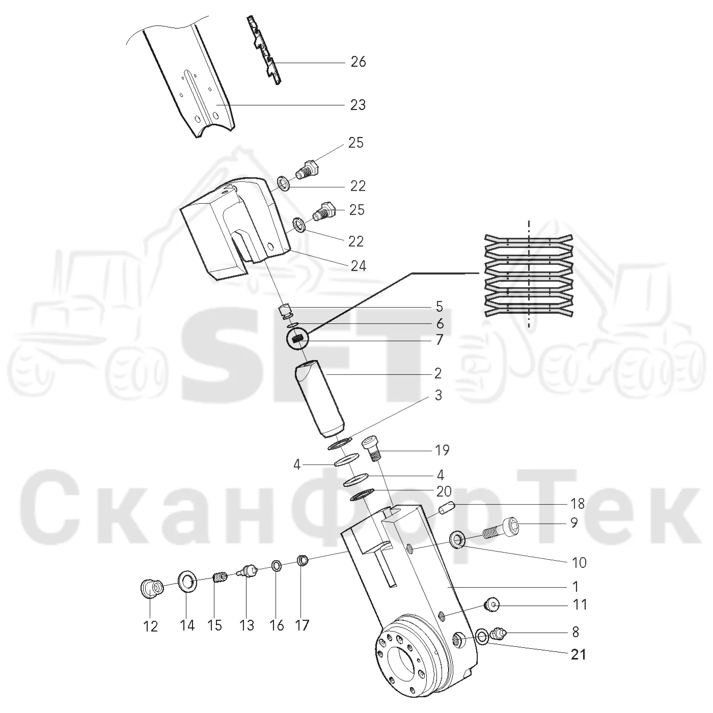Схема: Valmet / Лесозаготовительные машины / Valmet 941.1 / Valmet 941.1 / Каталог запасных частей / Лесозаготовительное оборудование / Головка лесозаготовительной машины / Valmet 370 E / Valmet 370 E / Valmet 370 E Ch. -11170 / Каталог запасных частей / Резка / Установка лезвия устройства резки