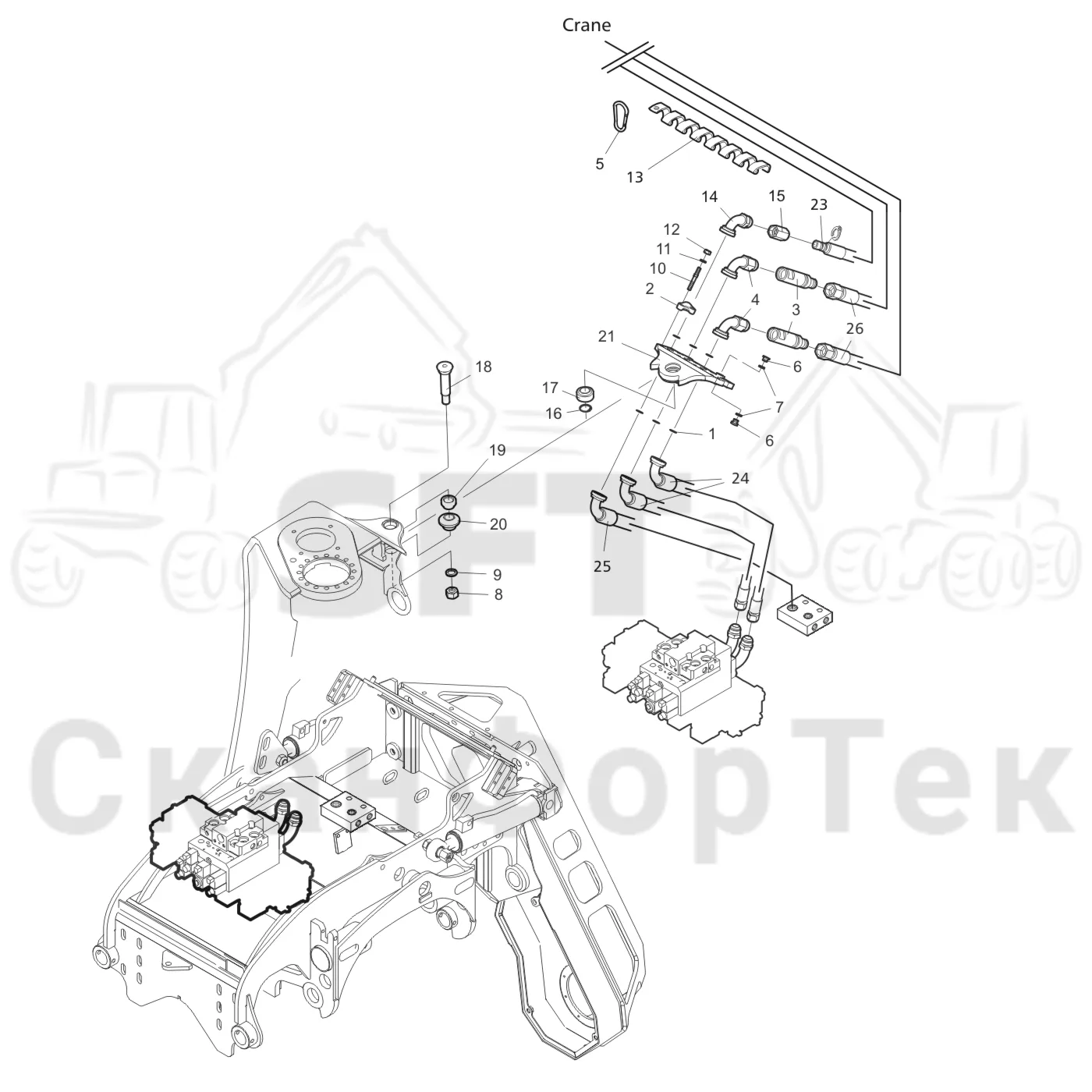 Схема: Valmet / Головки лесозаготовительной машины / Valmet 370 E / Valmet 370 E Ch. -11170 / Valmet 370 E Ch. -11170 / Каталог запасных частей / Поворотные устройства и звенья / Гидравлическое оборудование головки подъемного крана 1600