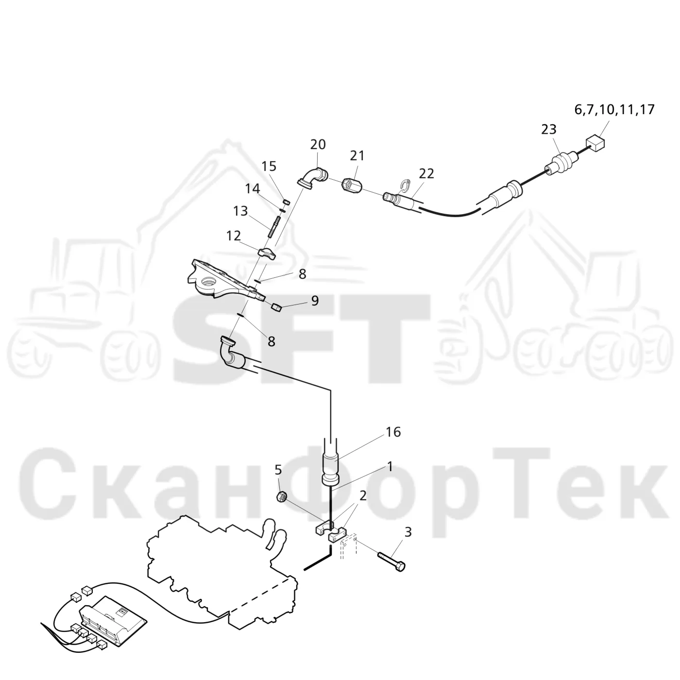 Схема: Valmet / Головки лесозаготовительной машины / Valmet 370 E / Valmet 370 E Ch. -11170 / Valmet 370 E Ch. -11170 / Каталог запасных частей / Поворотные устройства и звенья / Электрооборудование головки подъемного