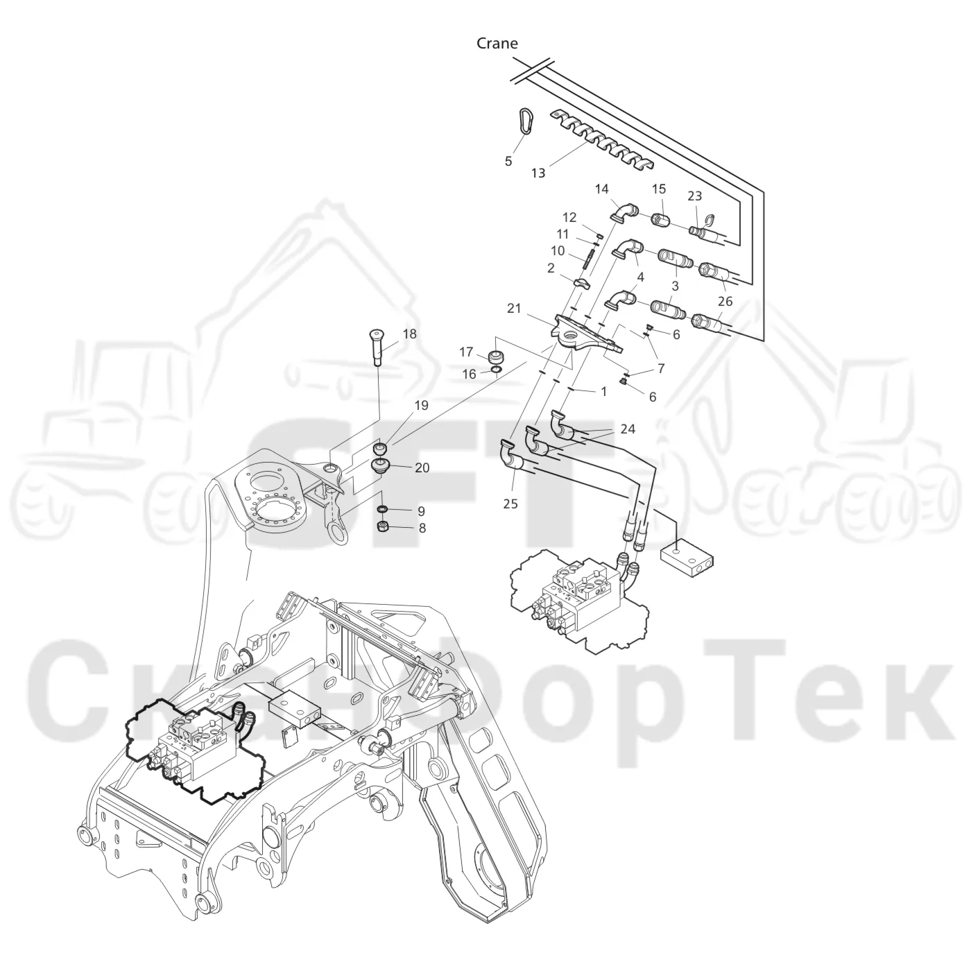 Схема: Valmet / Лесозаготовительные машины / Valmet 941 / Valmet 941 Ch 12071- / Valmet 941 Ch 12071- / Каталог запасных частей / Лесозаготовительное оборудование / Головка лесозаготовительной машины / Valmet 370 E / Valmet 370 E / Valmet 370 E Ch. -11170 / Каталог запасных частей / Поворотные устройства и звенья / Гидравлическое оборудование головки подъемного крана CRH