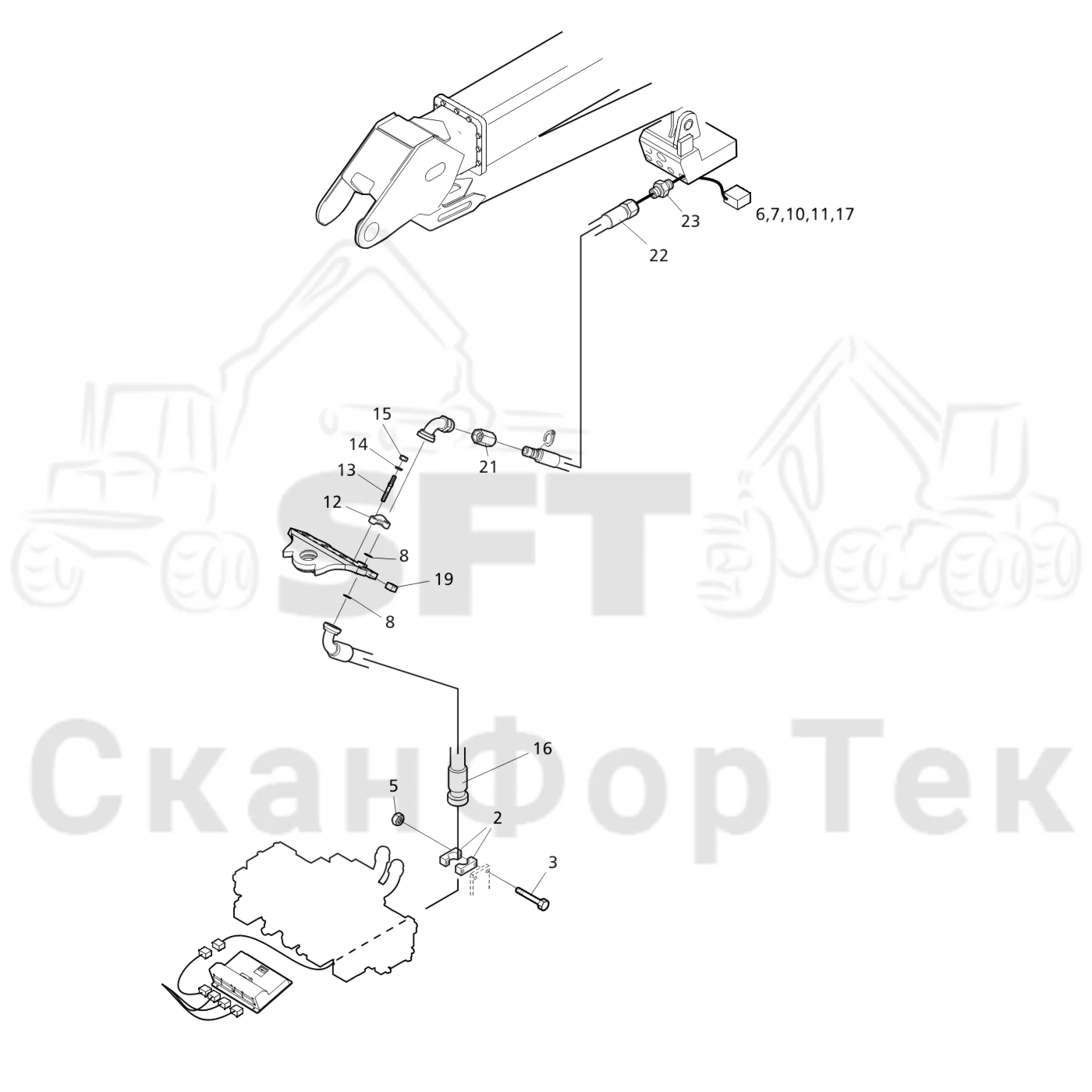 Схема: Valmet / Головки лесозаготовительной машины / Valmet 370 E / Valmet 370 E Ch. -11170 / Valmet 370 E Ch. -11170 / Каталог запасных частей / Поворотные устройства и звенья / Гидравлическое оборудование головки подъемного крана CRH