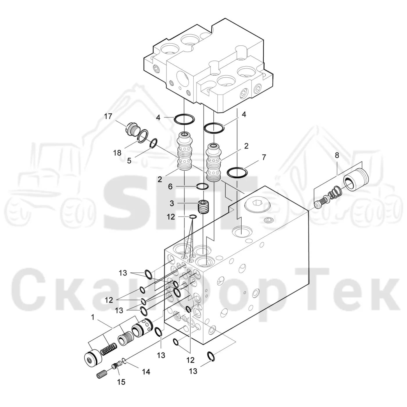 Схема: Valmet / Головки лесозаготовительной машины / Valmet 370 E / Valmet 370 E Ch.11171- / Valmet 370 E Ch. 11171- / Каталог запасных частей / Гидравлический клапан / Клапан резки