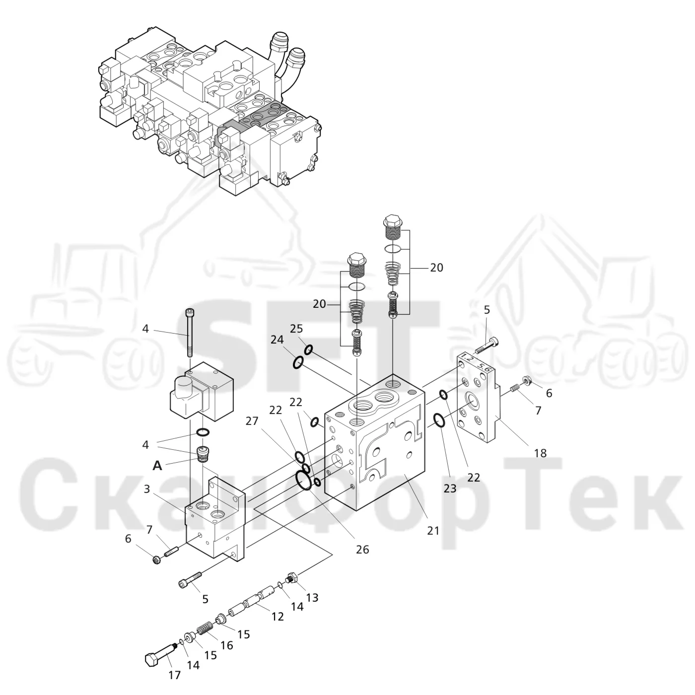Схема: Valmet / Головки лесозаготовительной машины / Valmet 370 E / Valmet 370 E Ch. -11170 / Valmet 370 E Ch. -11170 / Каталог запасных частей / Гидравлический клапан / Клапан. Поворотное устройство Ch. -11159