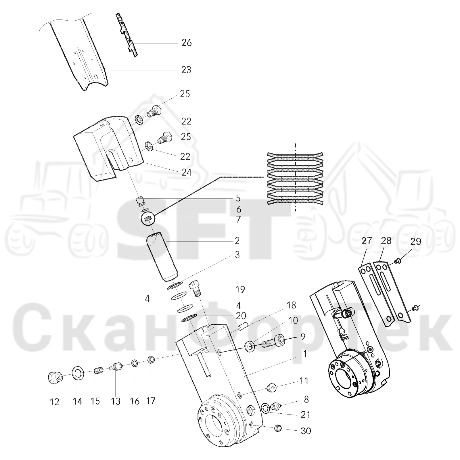 Схема: Valmet / Головки лесозаготовительной машины / Valmet 370 E / Valmet 370 E Ch. 11235- / Valmet 370 E Ch. 11235- / Каталог запасных частей / Резка / Установка лезвия устройства резки / Установка лезвия устройства резки