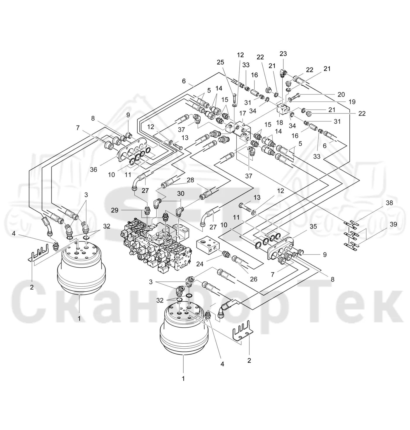 Схема: Valmet / Лесозаготовительные машины / Valmet 941.1 / Valmet 941.1 / Каталог запасных частей / Лесозаготовительное оборудование / Головка лесозаготовительной машины / Valmet 370 E / Valmet 370 E / Valmet 370 E Ch. 11235- / Каталог запасных частей / Подача / Гидравлическое оборудование односкоростной подачи