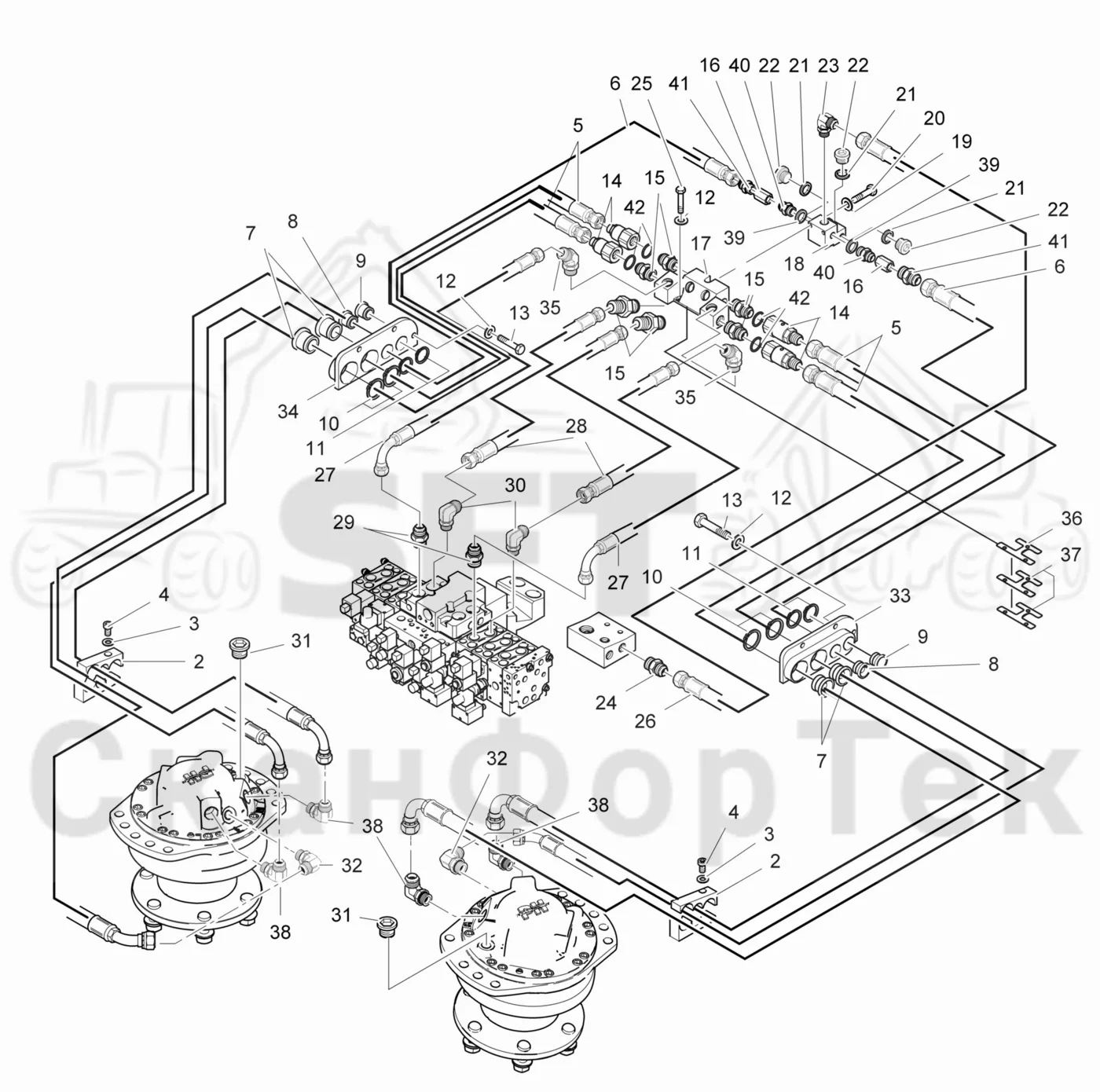 Схема: Valmet / Головки лесозаготовительной машины / Valmet 370 E / Valmet 370 E Ch. 11235- / Valmet 370 E Ch. 11235- / Каталог запасных частей / Подача / Гидравлическое оборудование односкоростной подачи 11551-