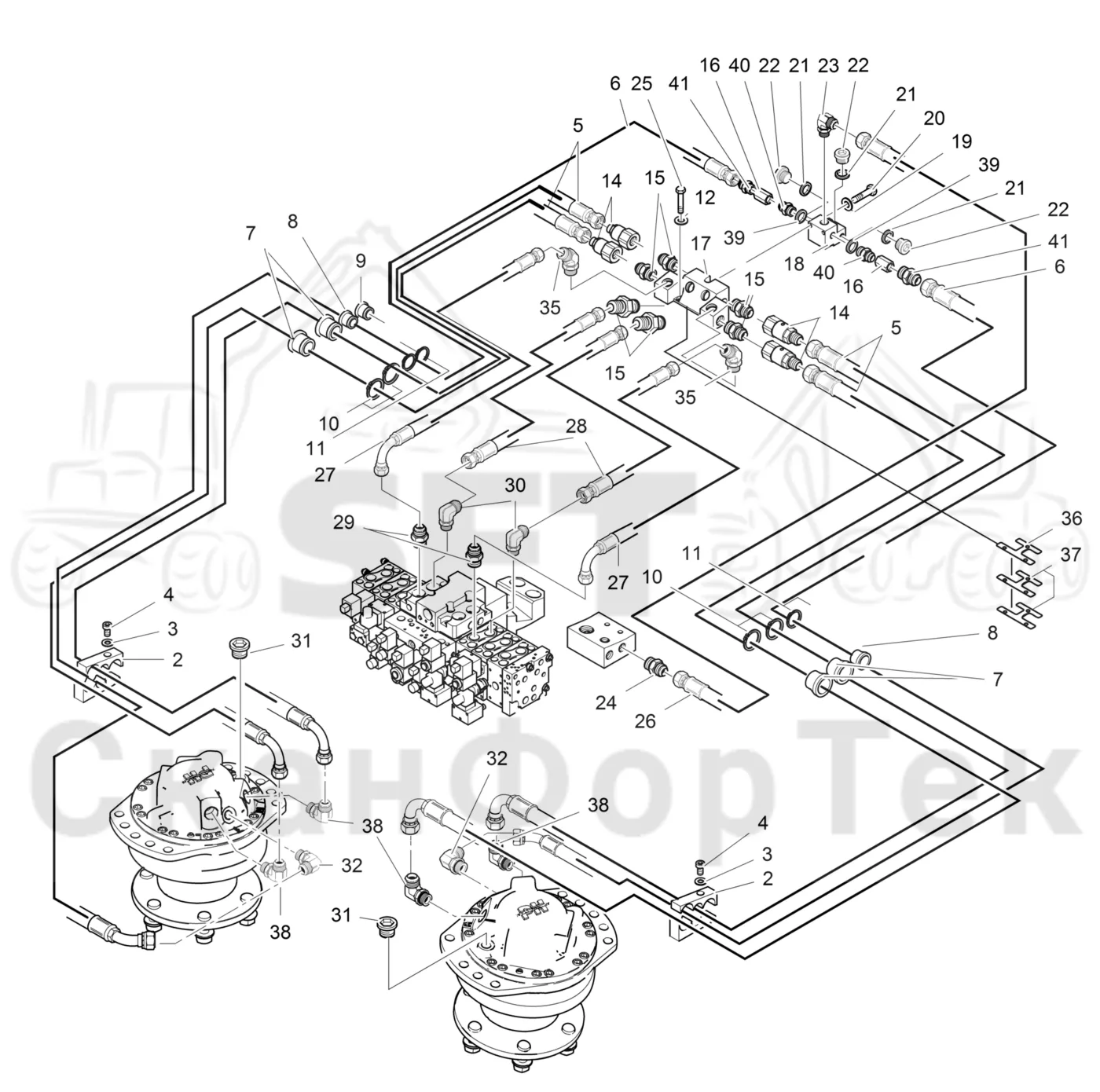 Схема: Valmet / Головки лесозаготовительной машины / Valmet 370 E / Valmet 370 E Ch. 11235- / Valmet 370 E Ch. 11235- / Каталог запасных частей / Подача / Гидравлическое оборудование односкоростной подачи 3701001922-