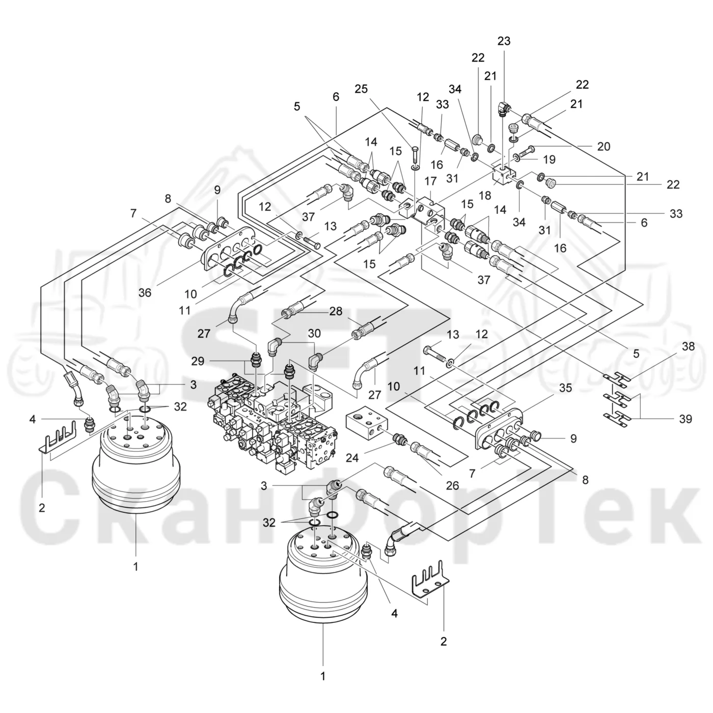 Схема: Valmet / Головки лесозаготовительной машины / Valmet 370 E / Valmet 370 E Ch. 11235- / Valmet 370 E Ch. 11235- / Каталог запасных частей / Подача / Гидравлическое оборудование односкоростной пода для коры от шасси