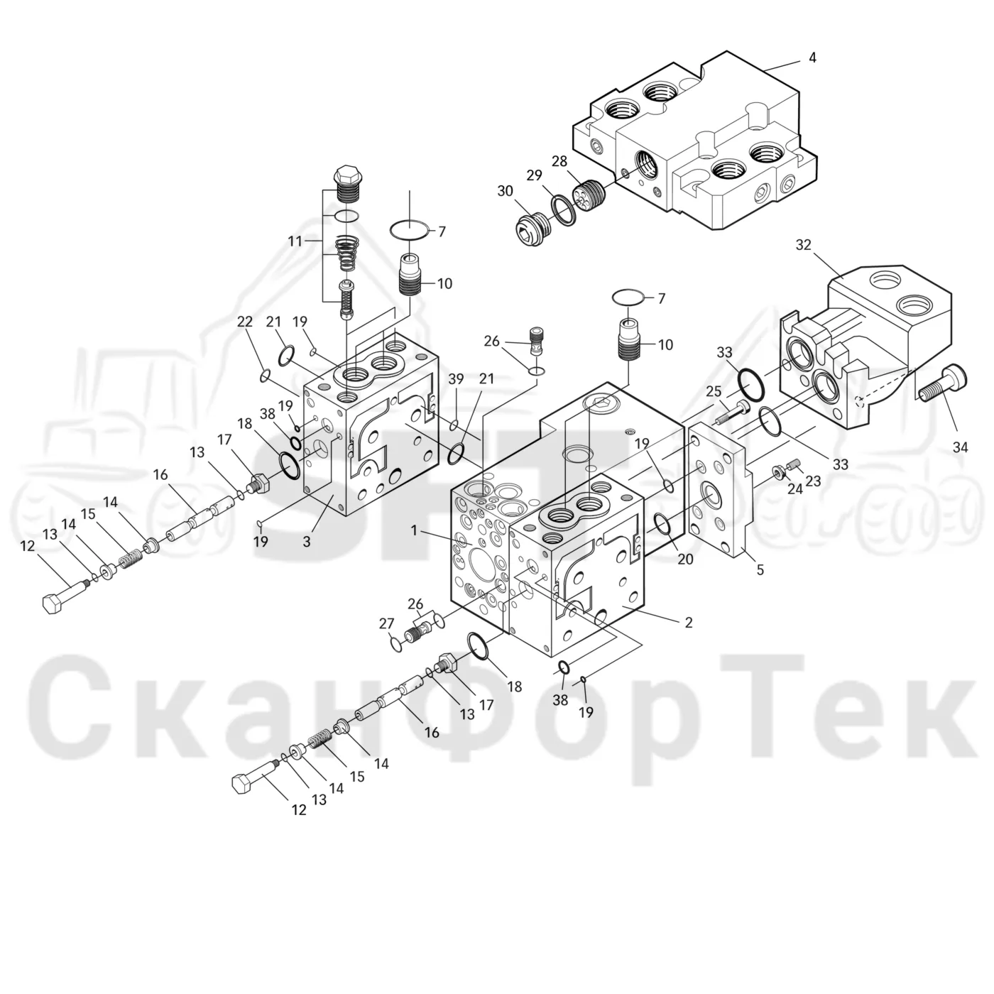 Схема: Valmet / Лесозаготовительные машины / Valmet 941.1 / Valmet 941.1 / Каталог запасных частей / Лесозаготовительное оборудование / Головка лесозаготовительной машины / Valmet 370 E / Valmet 370 E / Valmet 370 E Ch. 11235- / Каталог запасных частей / Гидравлический клапан / Центральная секция