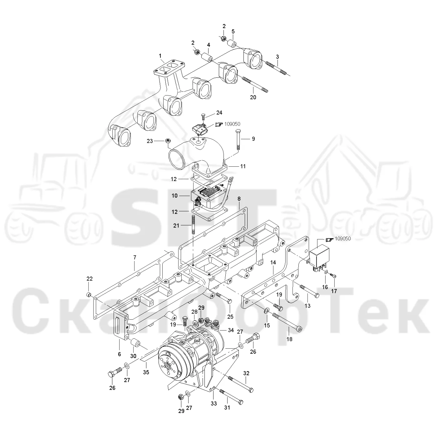 Схема: Valmet / Форвардер / Valmet 890.3 / Valmet 890.3 / Каталог запасных частей / Двигатель / Двигатель 310429- / Впуск - выпуск / Впускной и выпускной коллектор